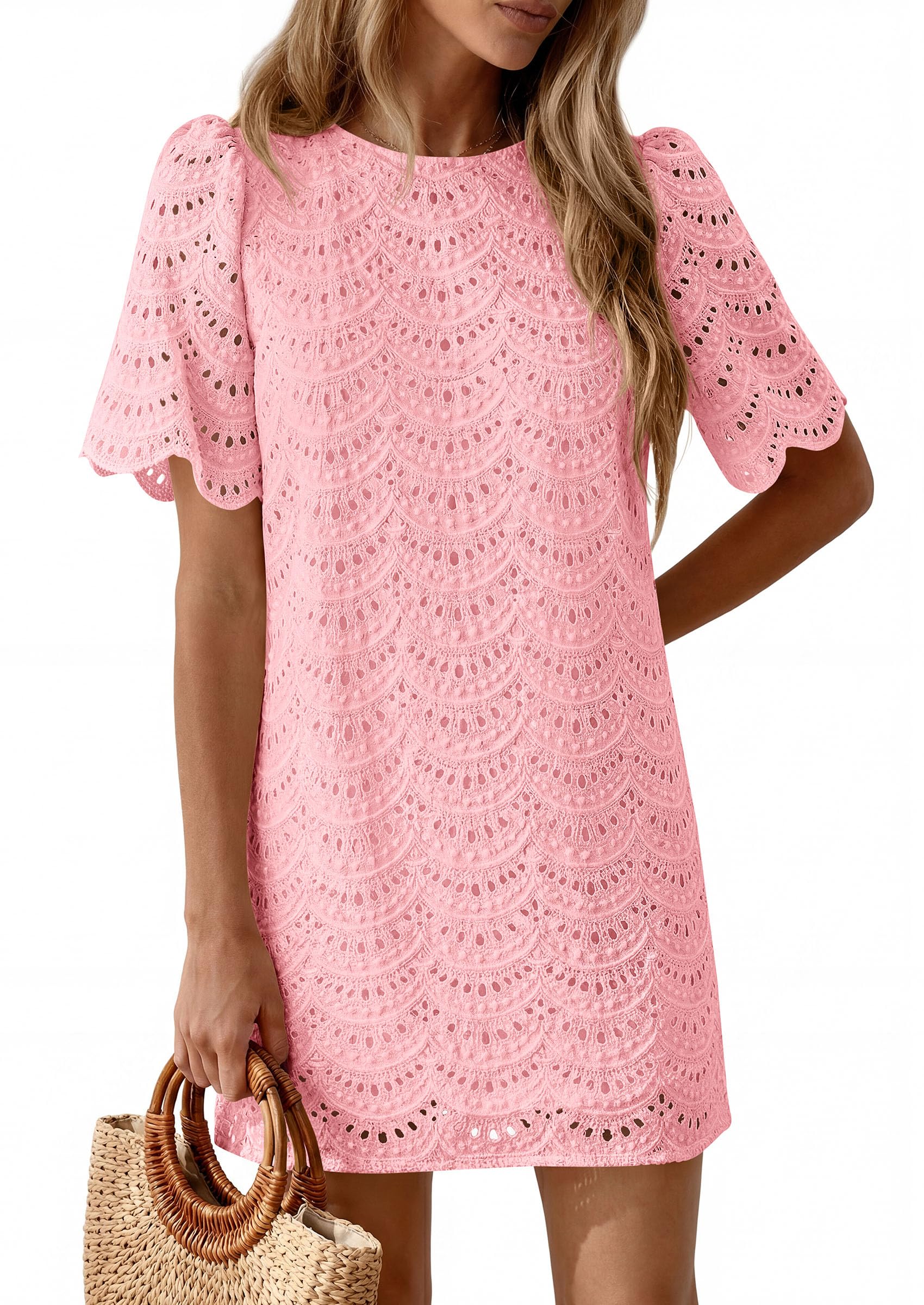 Women's Summer Eyelet Lace Short Dress (Pink,S)