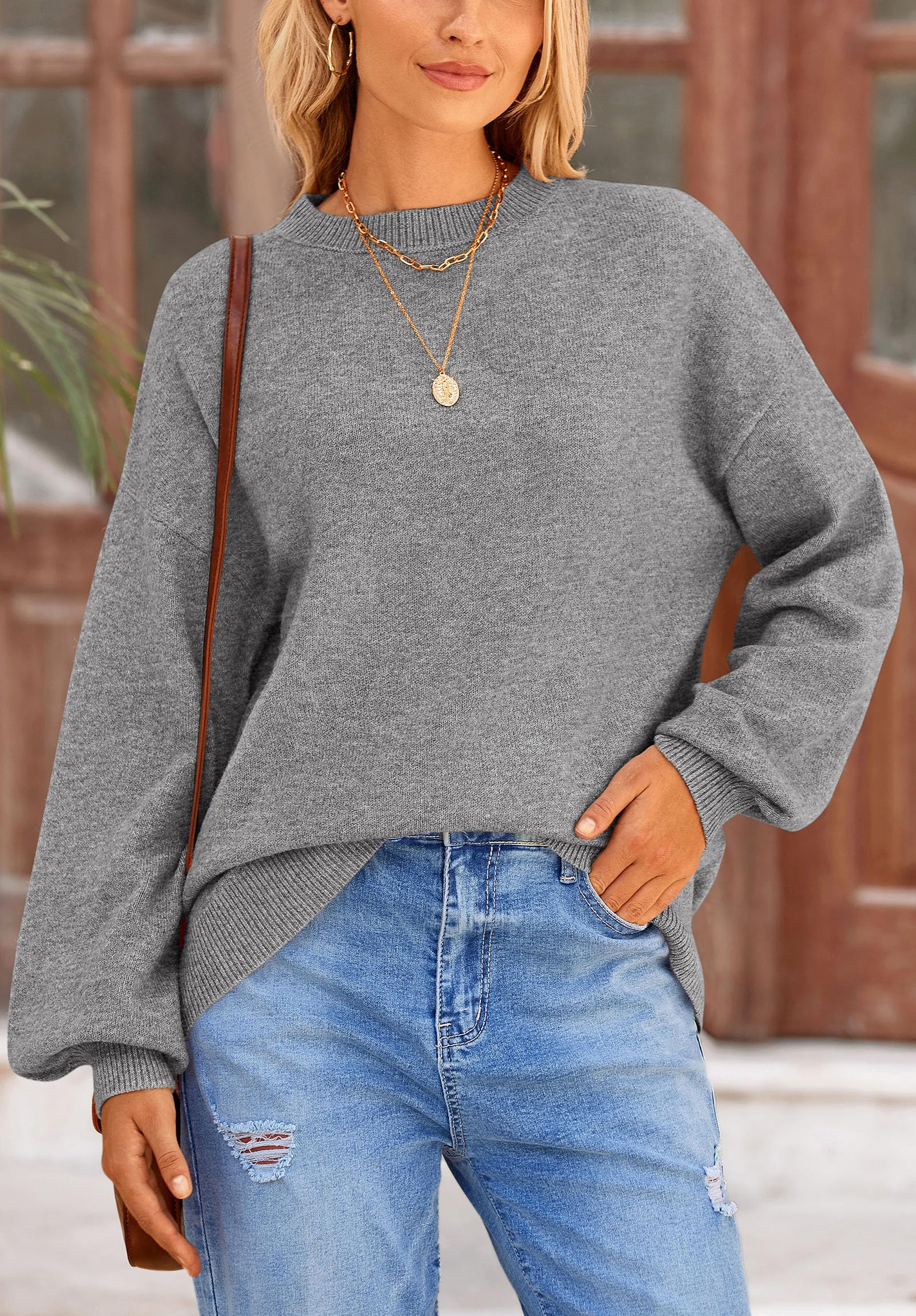 Women's 2025 Fall Sweaters Casual Crew Neck Long Sleeve Pullover Tops Ribbed Knit Loose Fit Winter Clothes (Grey,Small)