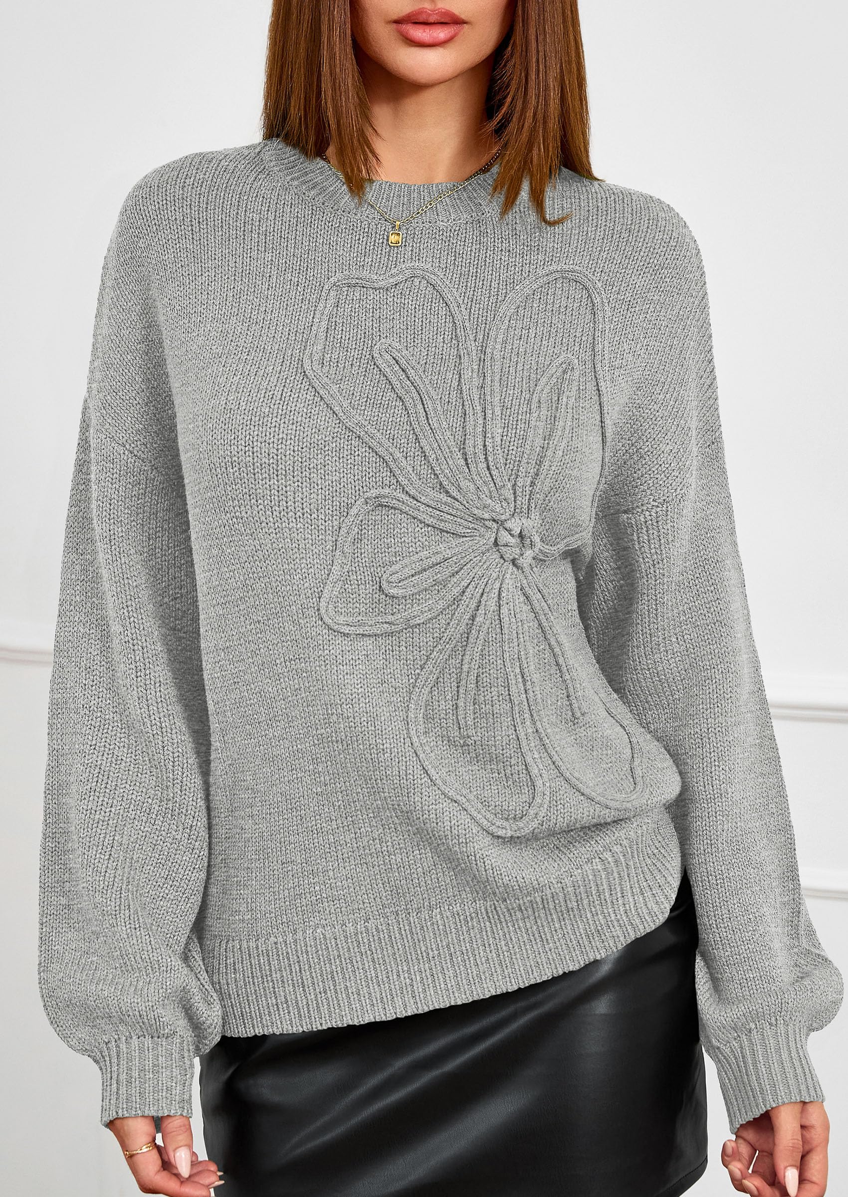 Women's Oversized 3D Floral Knit Sweater,Light Grey,S