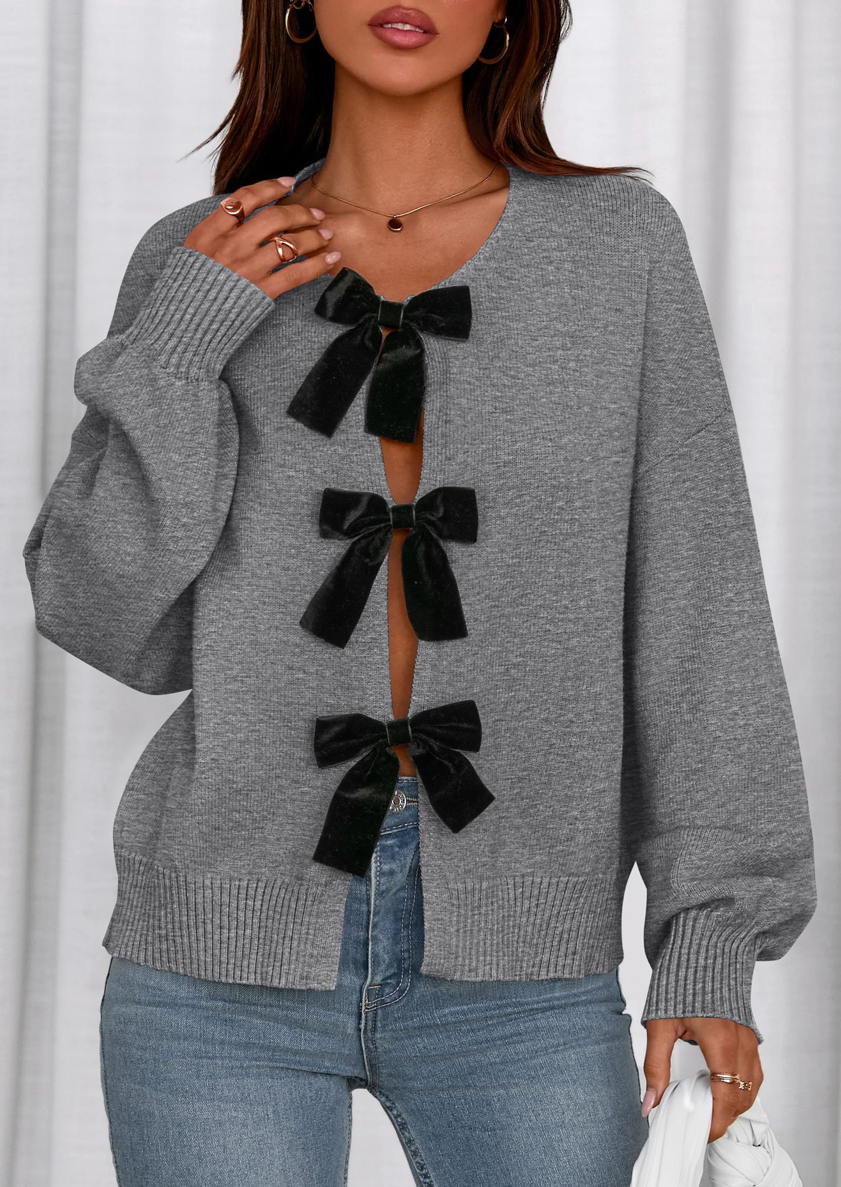 Women's Fall Bow Tie Front Cardigan Sweaters,Grey,S