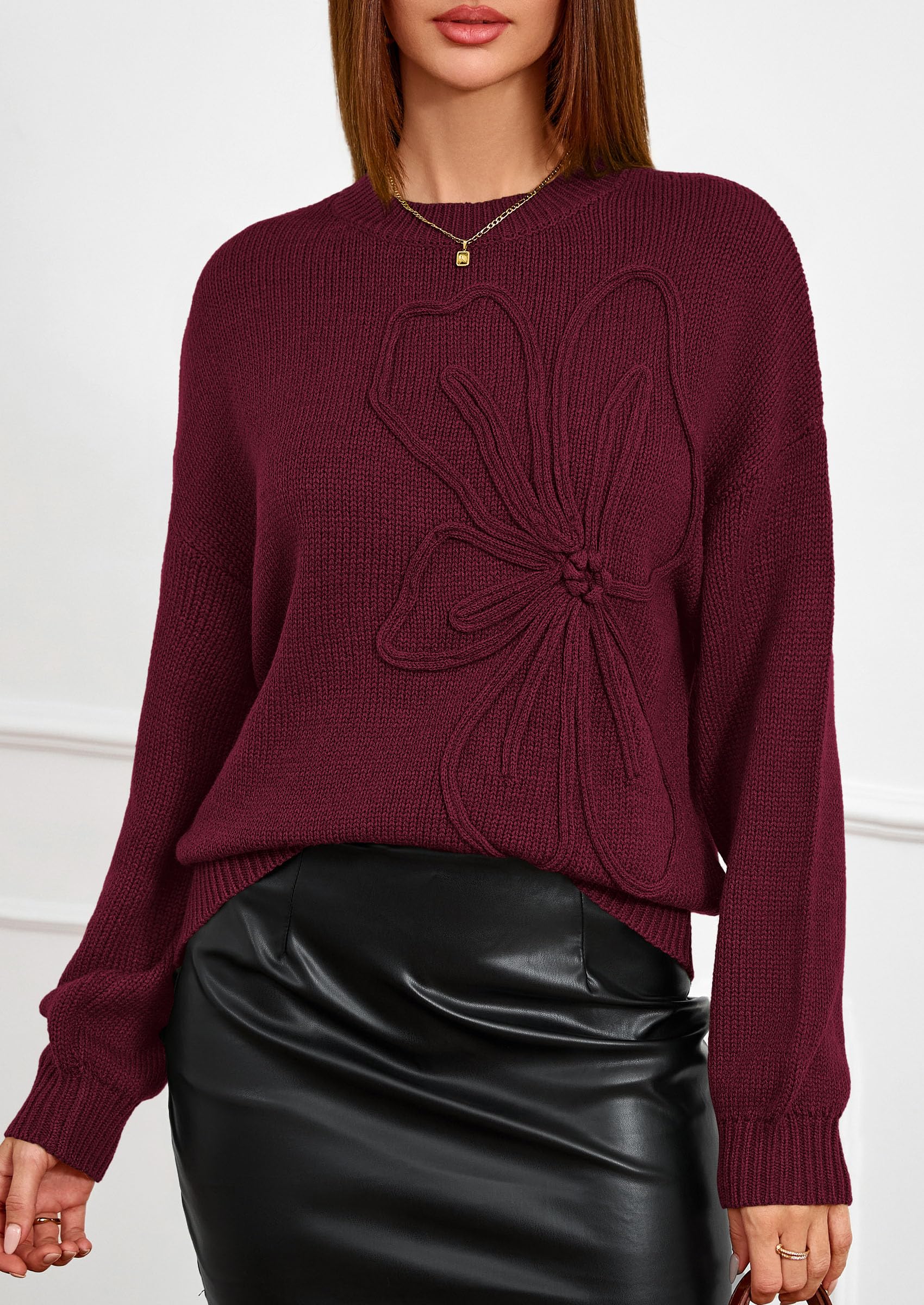 Women's Oversized 3D Floral Knit Sweater,Burgundy,S
