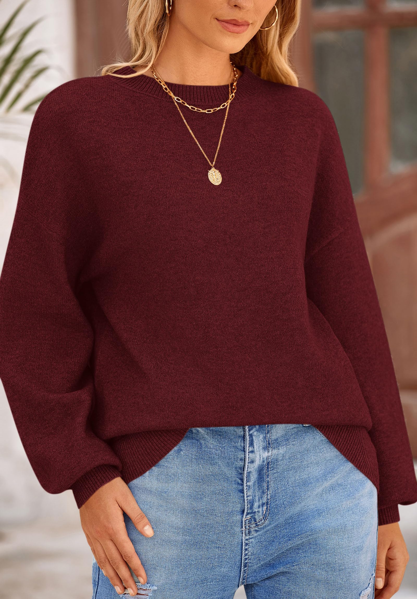 Women's Fall Sweaters Crewneck Long Sleeve Tops,Wine Red,S