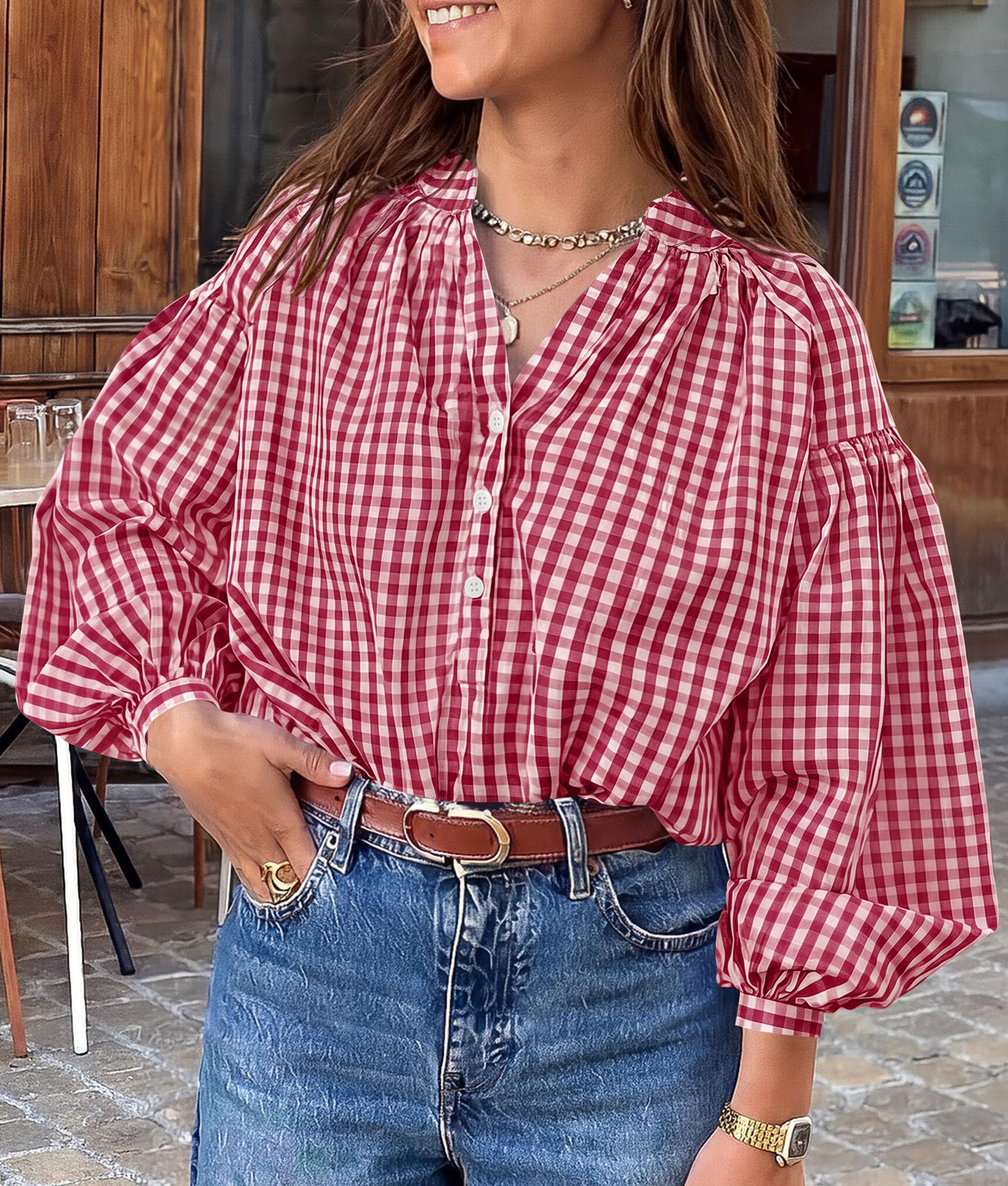 Women Fall Plaid Long Puff Sleeve Shirts V Neck Casual Blouses