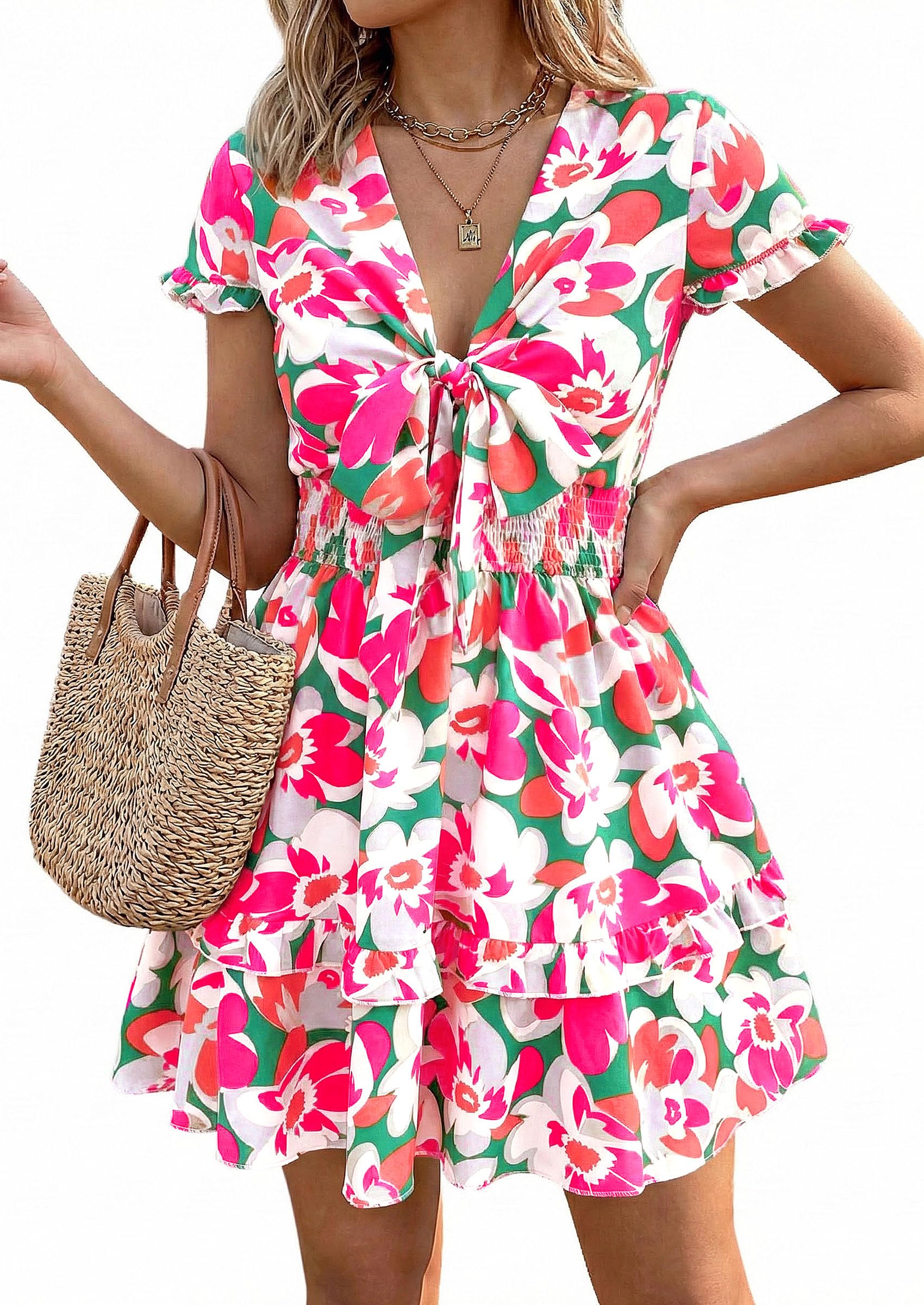 Women's Boho Floral Mini Tiered Bow Dress, Floral Green Pink,S
