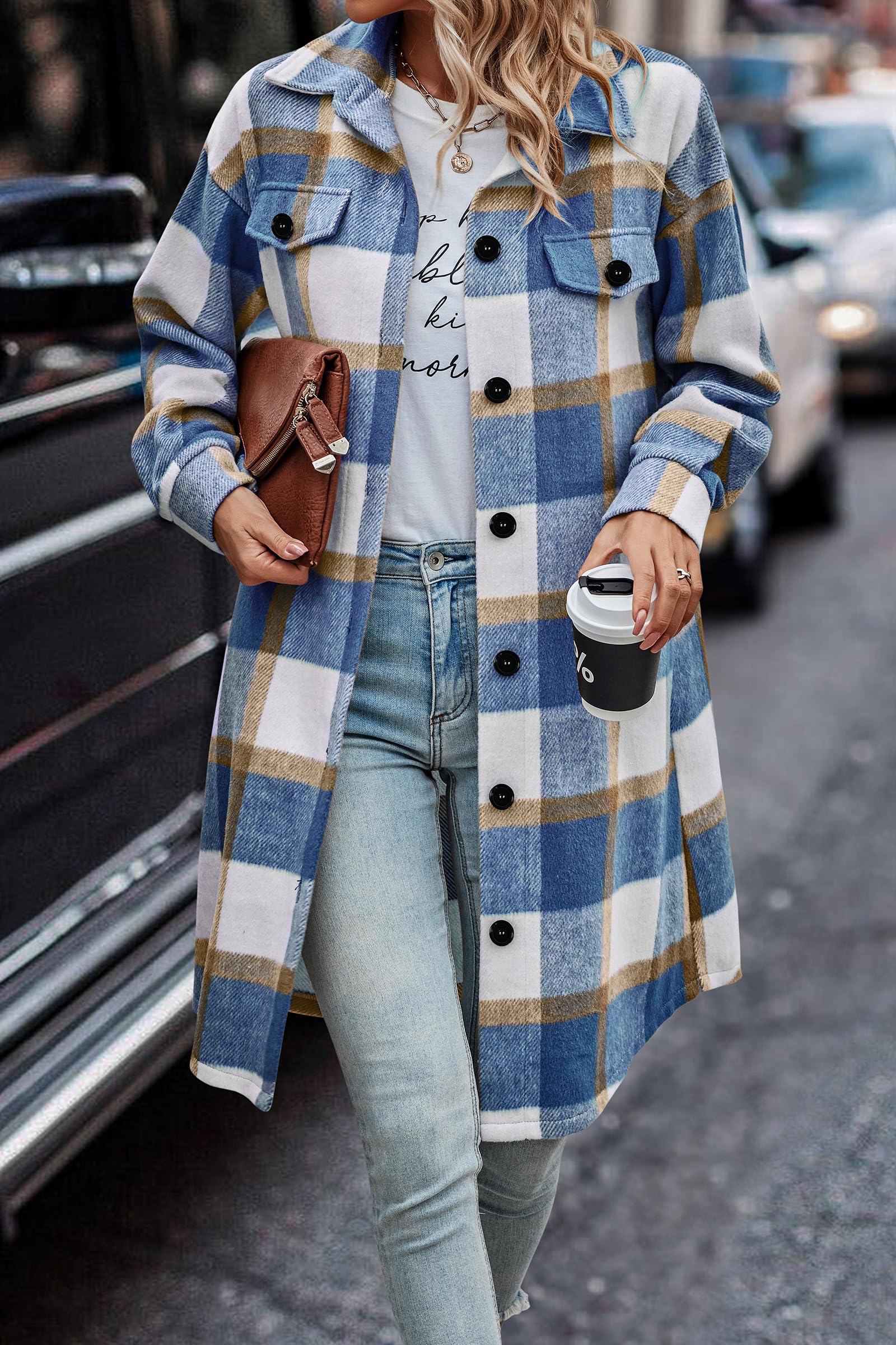 Womens Plaid Shacket Jacket Flannel Shirts,Plaid Blue White,S