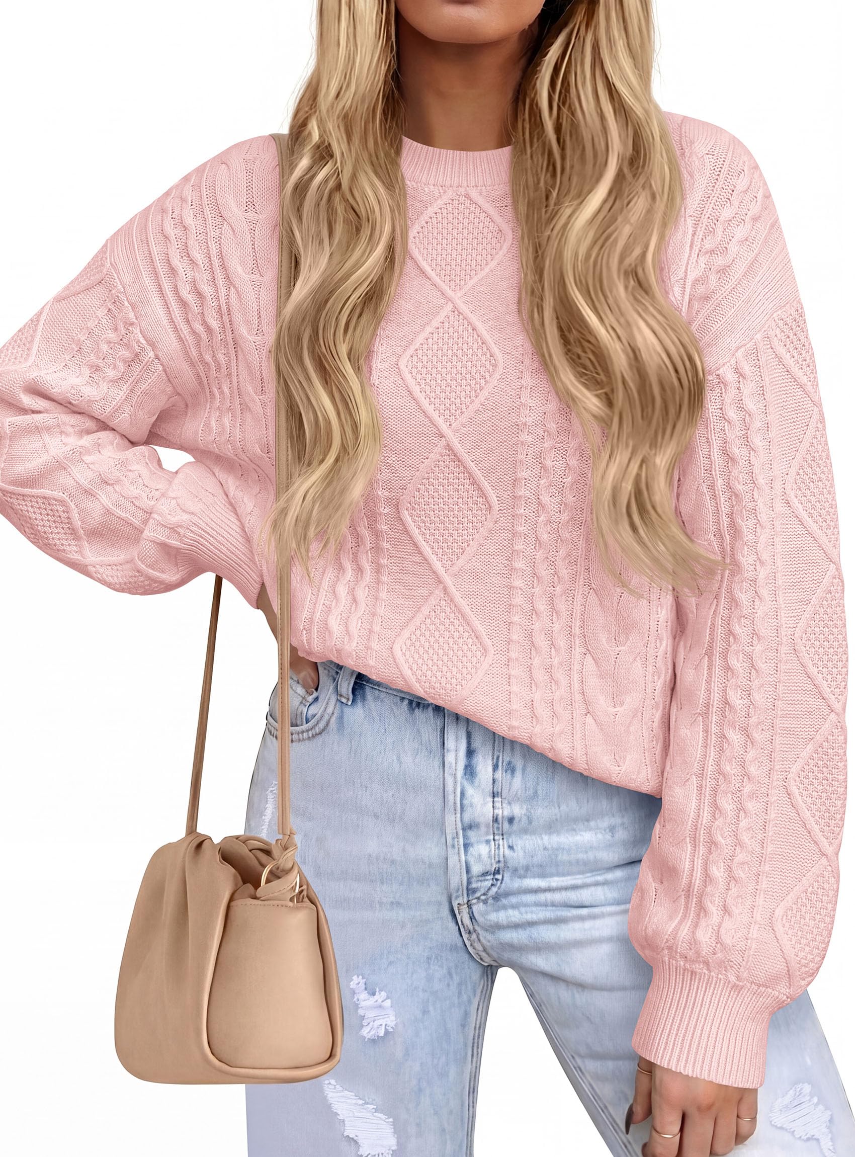 Women's Crewneck Cable Knit Sweater Pullover Tops Pink
