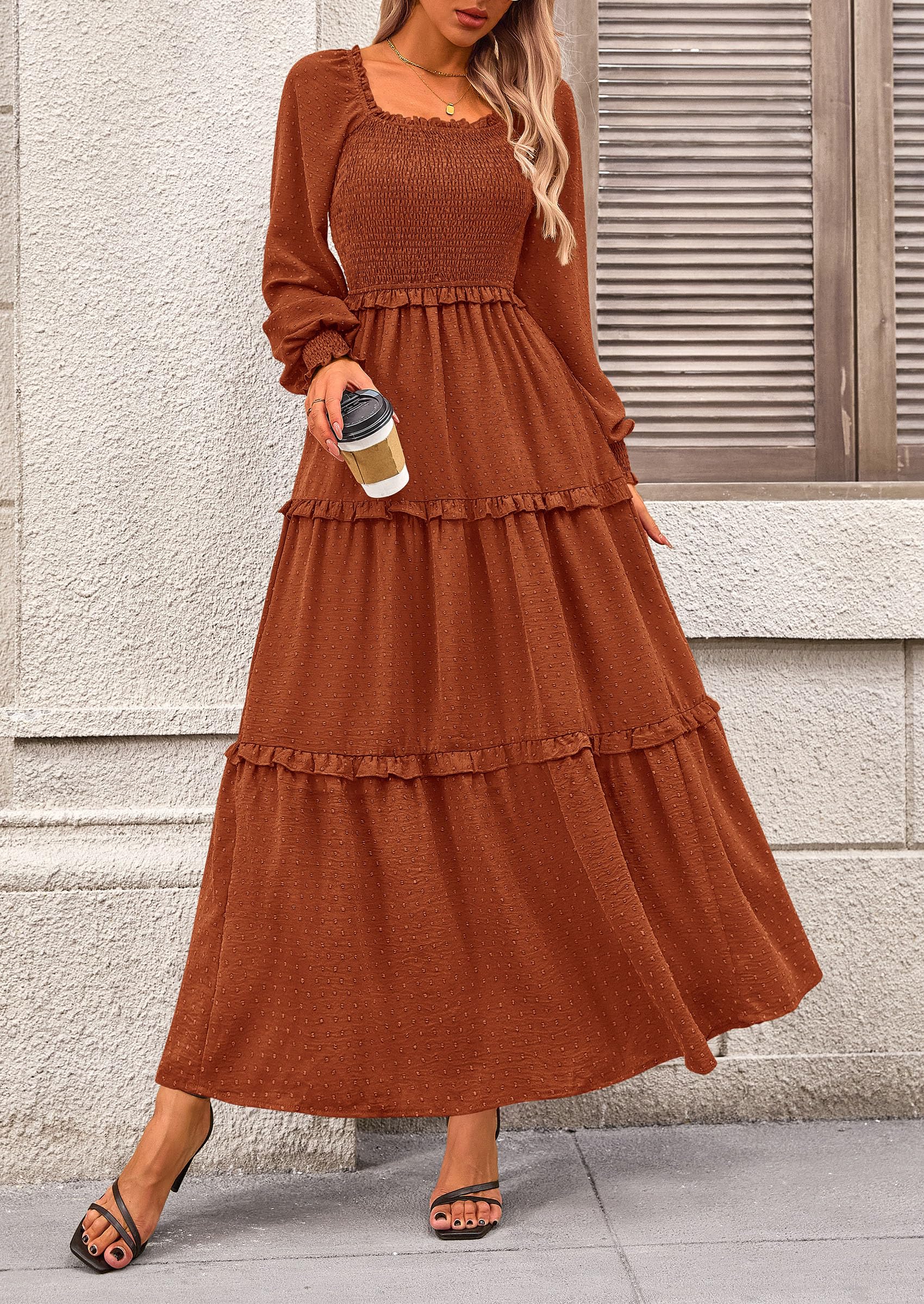 Women's Smocked Long Sleeve Maxi Dress Wedding Guest Dresses