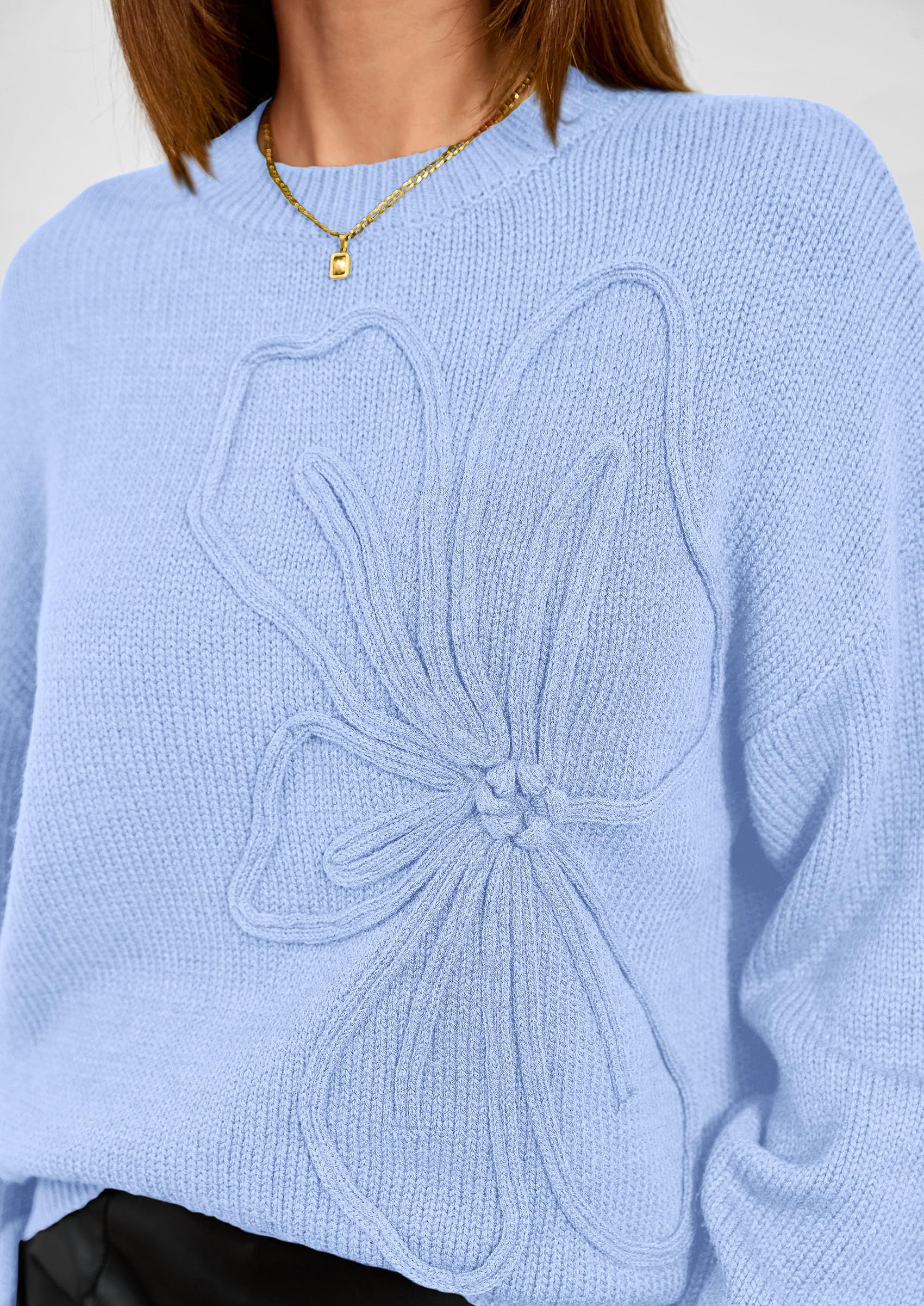Women's Oversized 3D Floral Knit Sweater,Light Blue,S