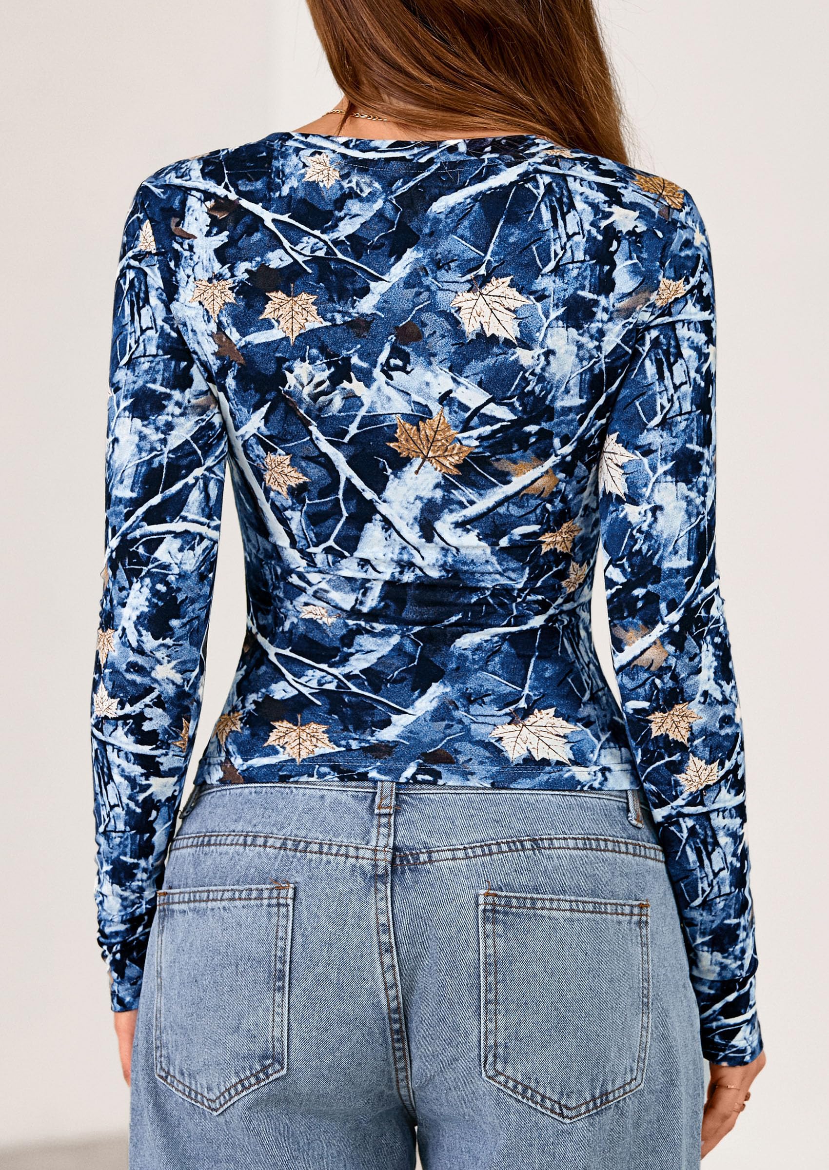 Womens Long Sleeve Slim Fit Crop Tops,Dark Blue Floral,S
