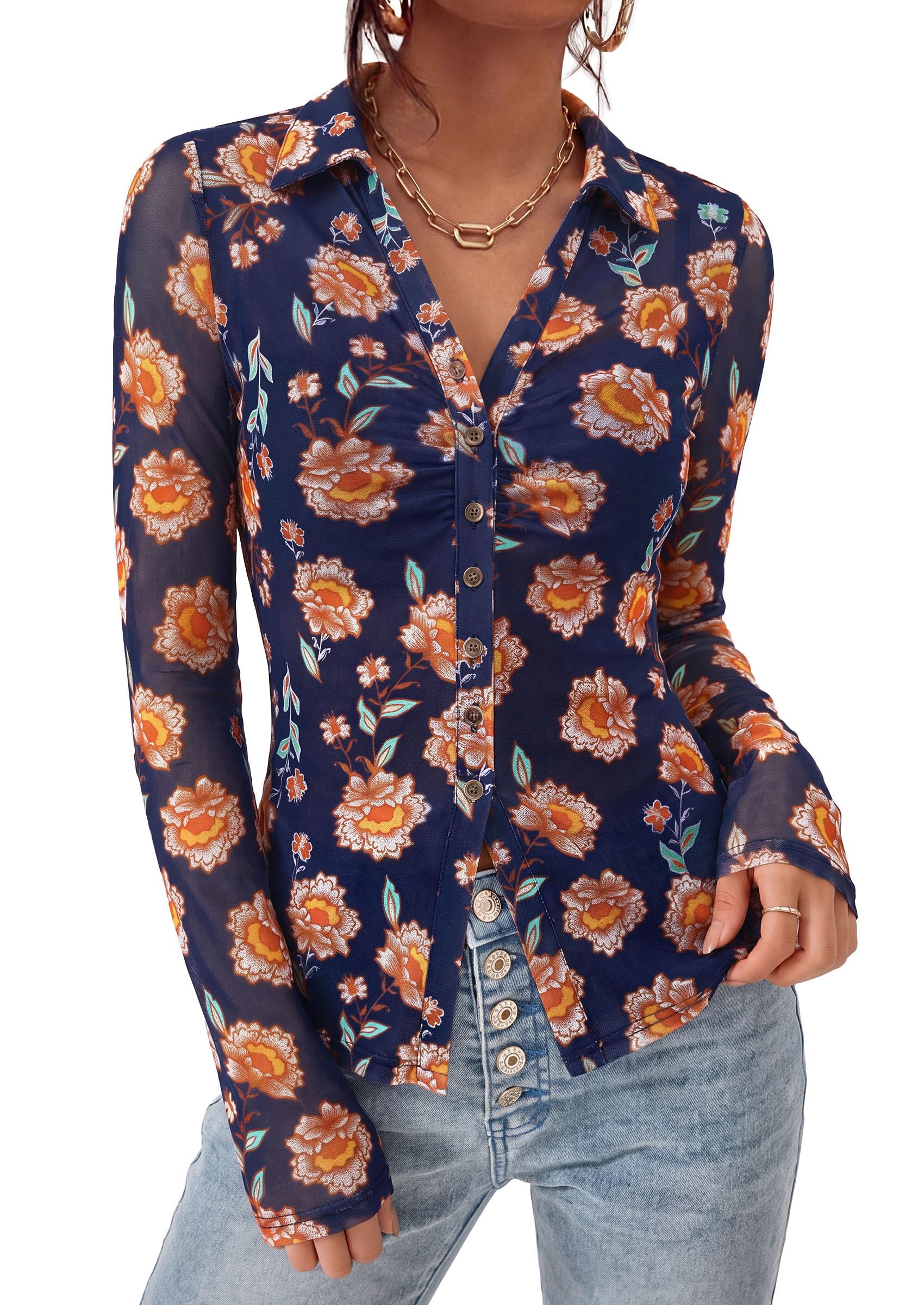 Women's Button Down Shirts Boho Mesh Floral Going Out Tops
