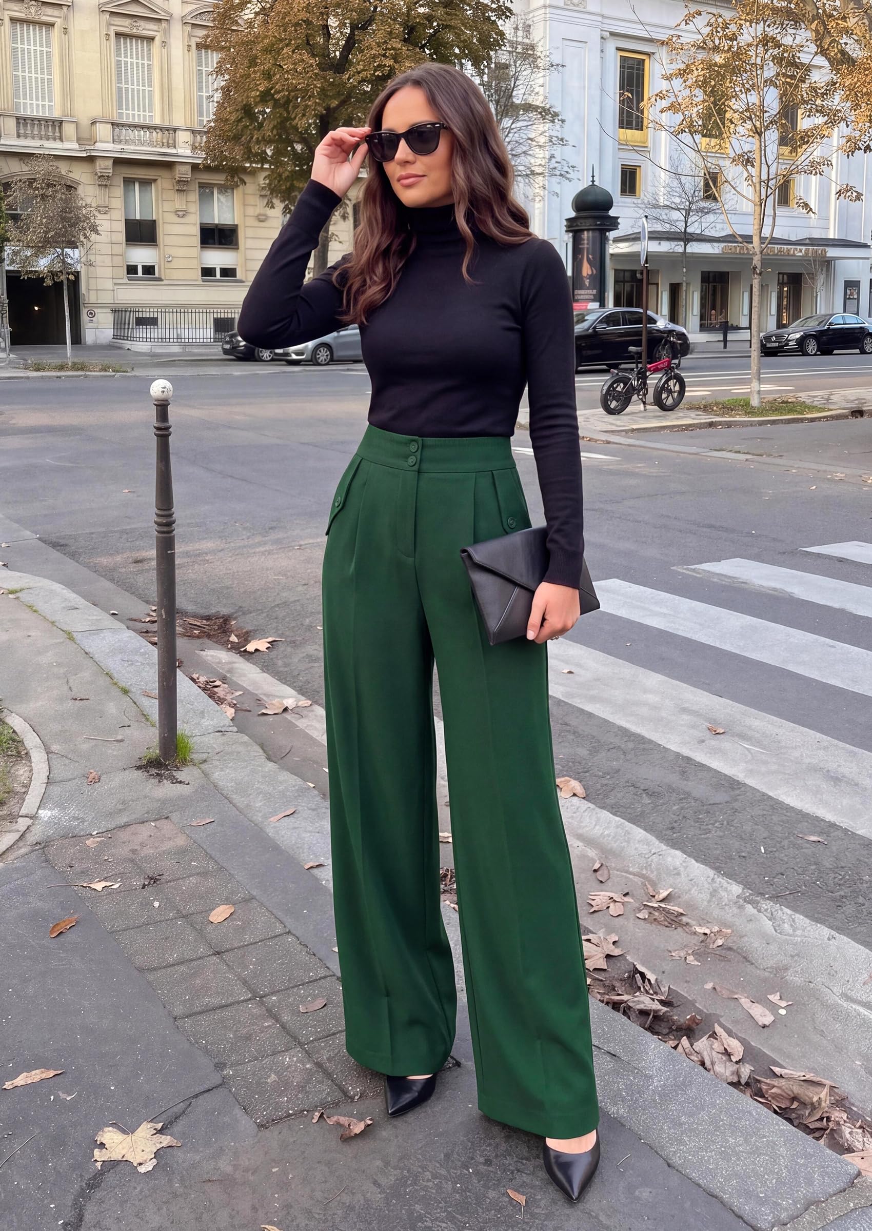 Women's Wide Leg Work Dress Pants Trousers (Dark Green,S)