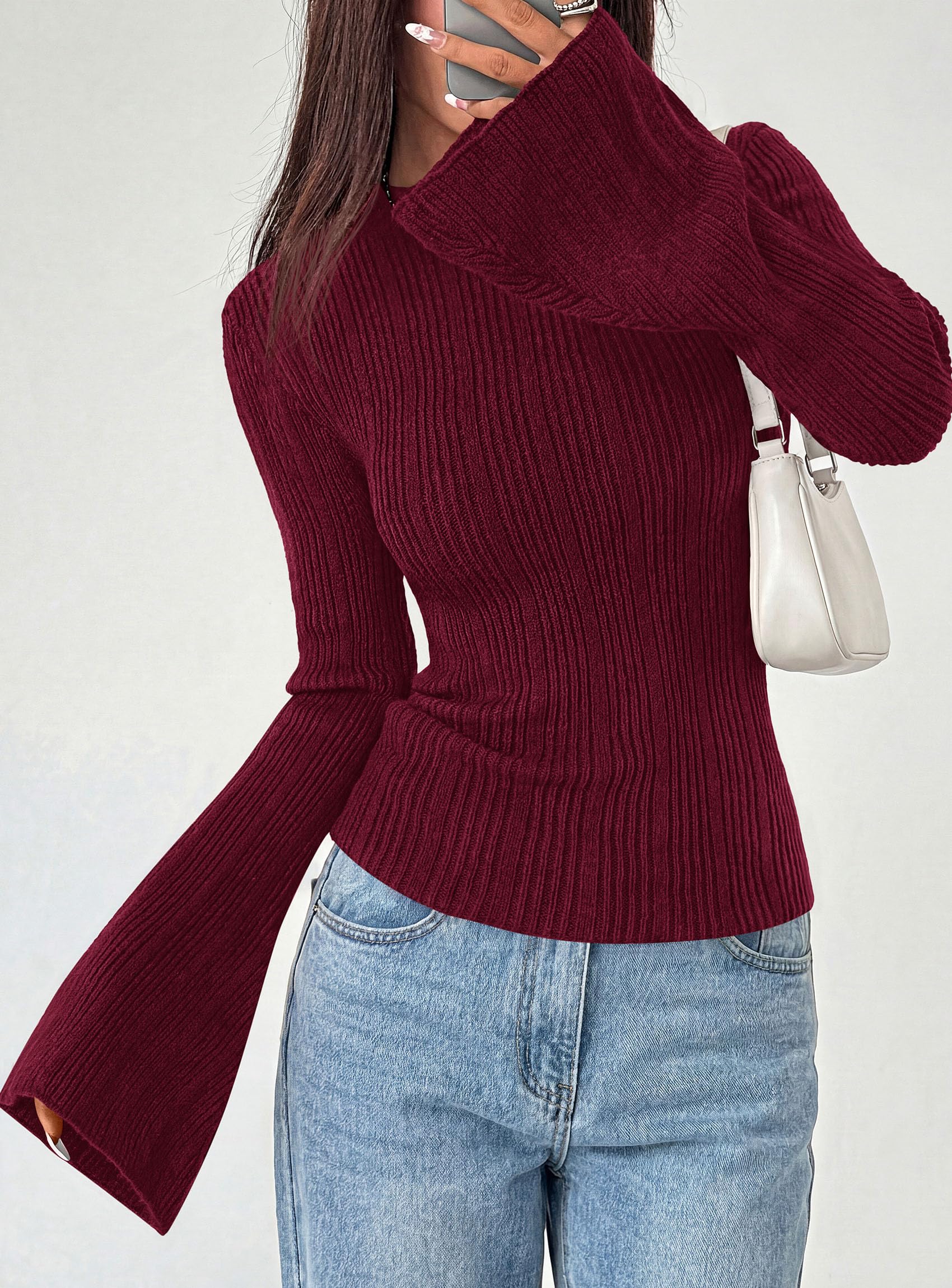 Womens Bell Long Sleeve Tops Mock Neck Sweaters,Burgundy,L