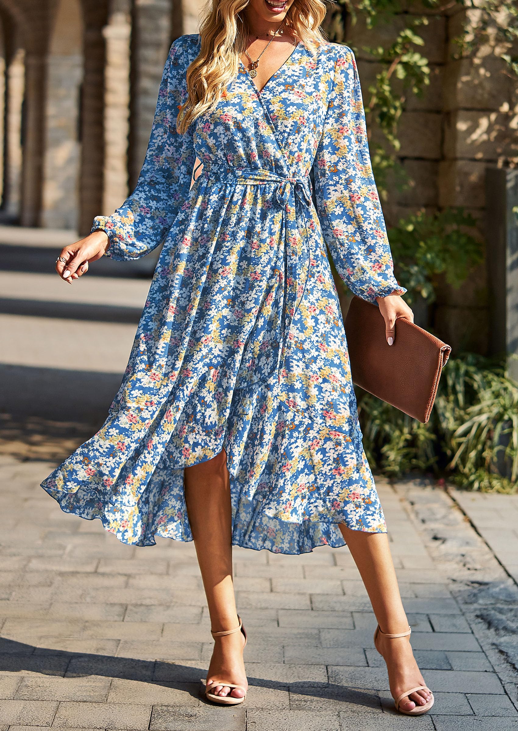Women's Floral Boho Long Sleeve Maxi Dress, Floral Blue,S