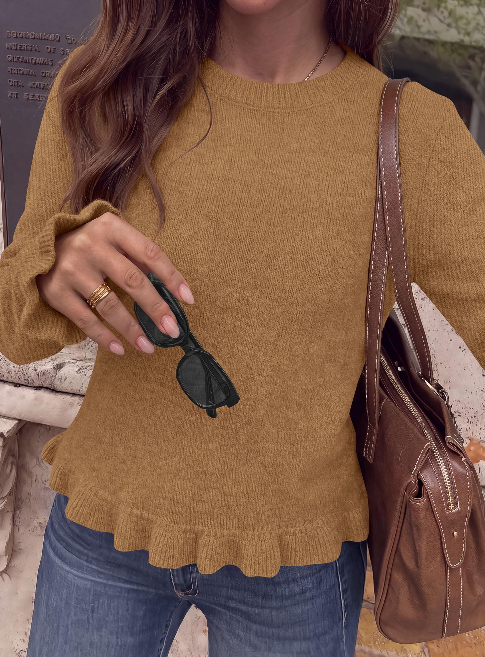 Women's Ruffle Sweaters Fall Fashion Cozy Knit Pullover Khaki