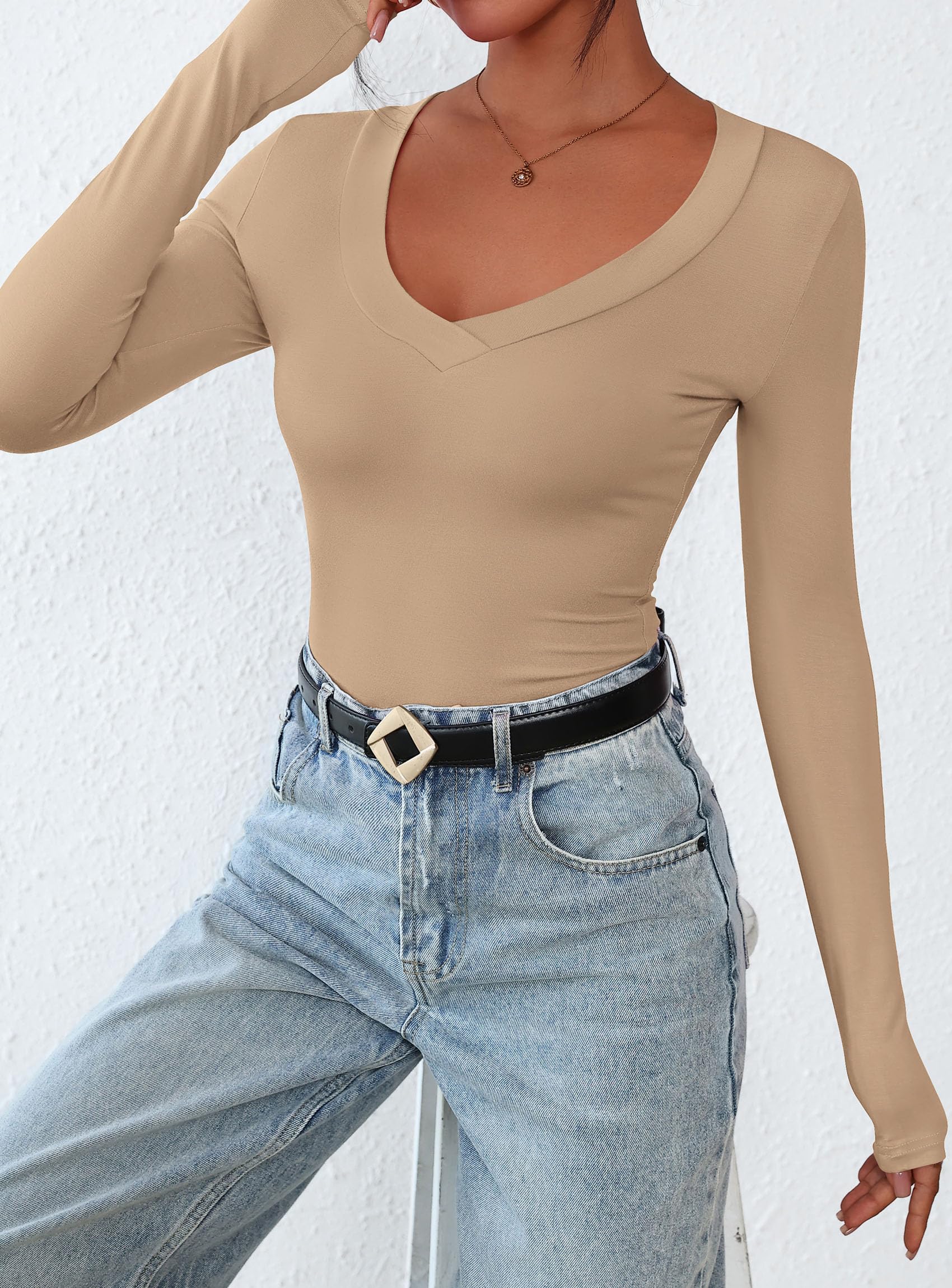 Women's V Neck Long Sleeve Shirts,Khaki,X-S