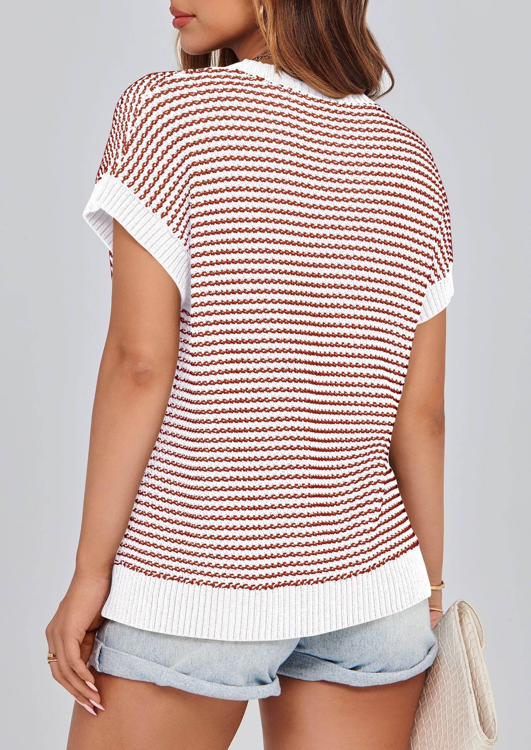 Women's Striped Short Sleeve Sweater Vest Striped White Red,S