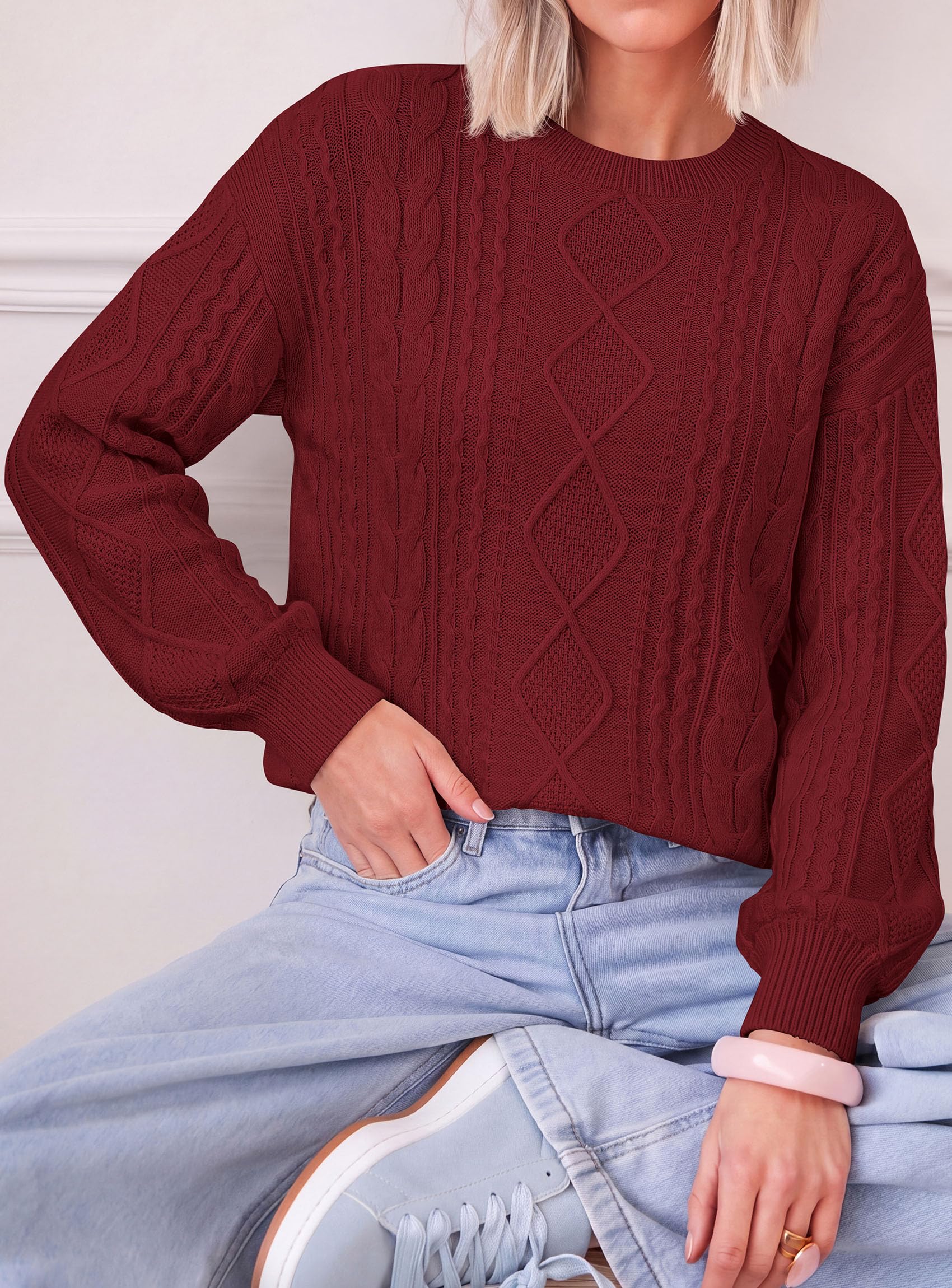 Women's Crewneck Cable Knit Sweater Pullover Tops Wine Red