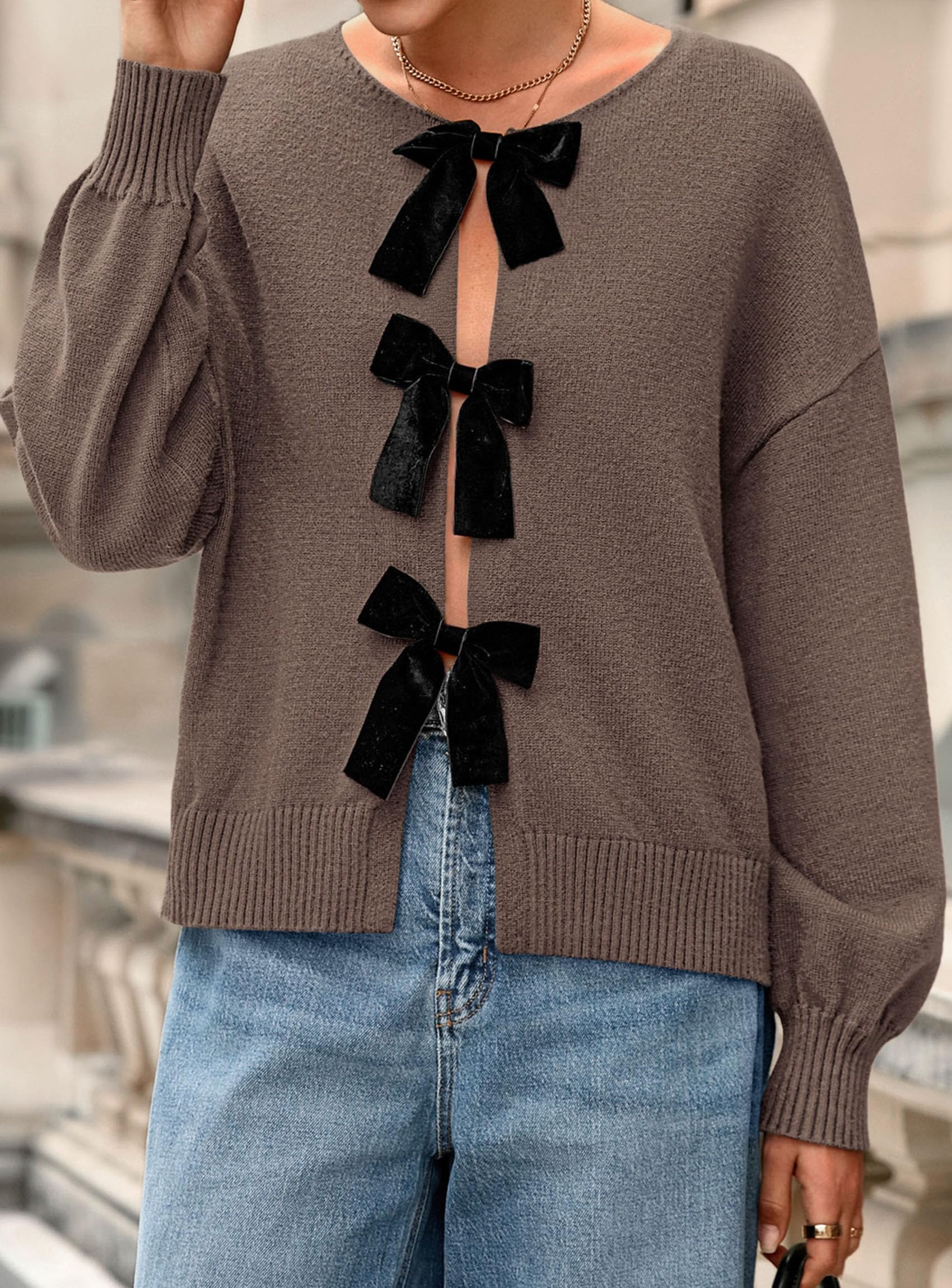 Women's Fall Bow Tie Front Cardigan Sweaters,Coffee,S