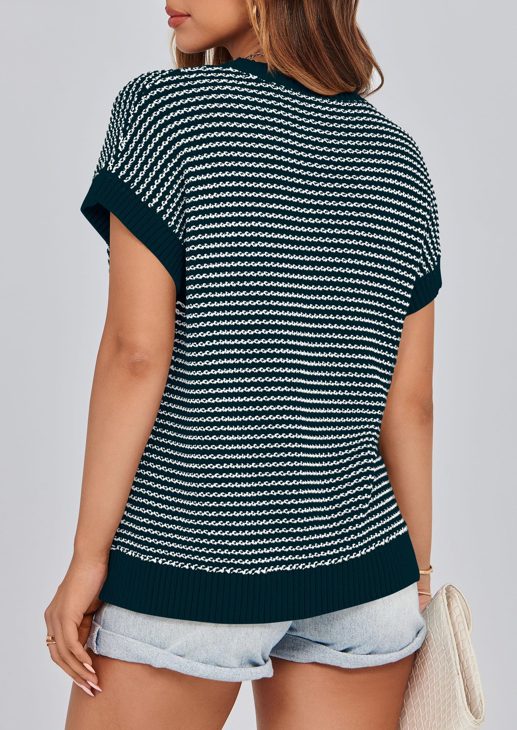 Women's Striped Short Sleeve Sweater Vest Malachite Green,L