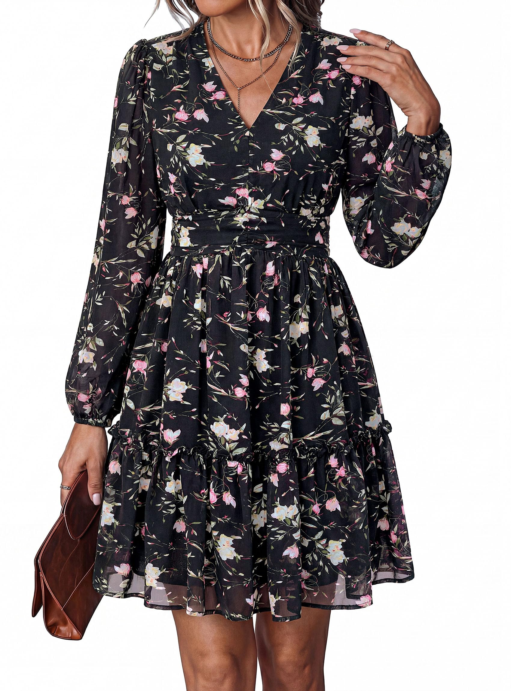 Women Floral Long Sleeve Mini Dress Fall Wedding Guest Dresses