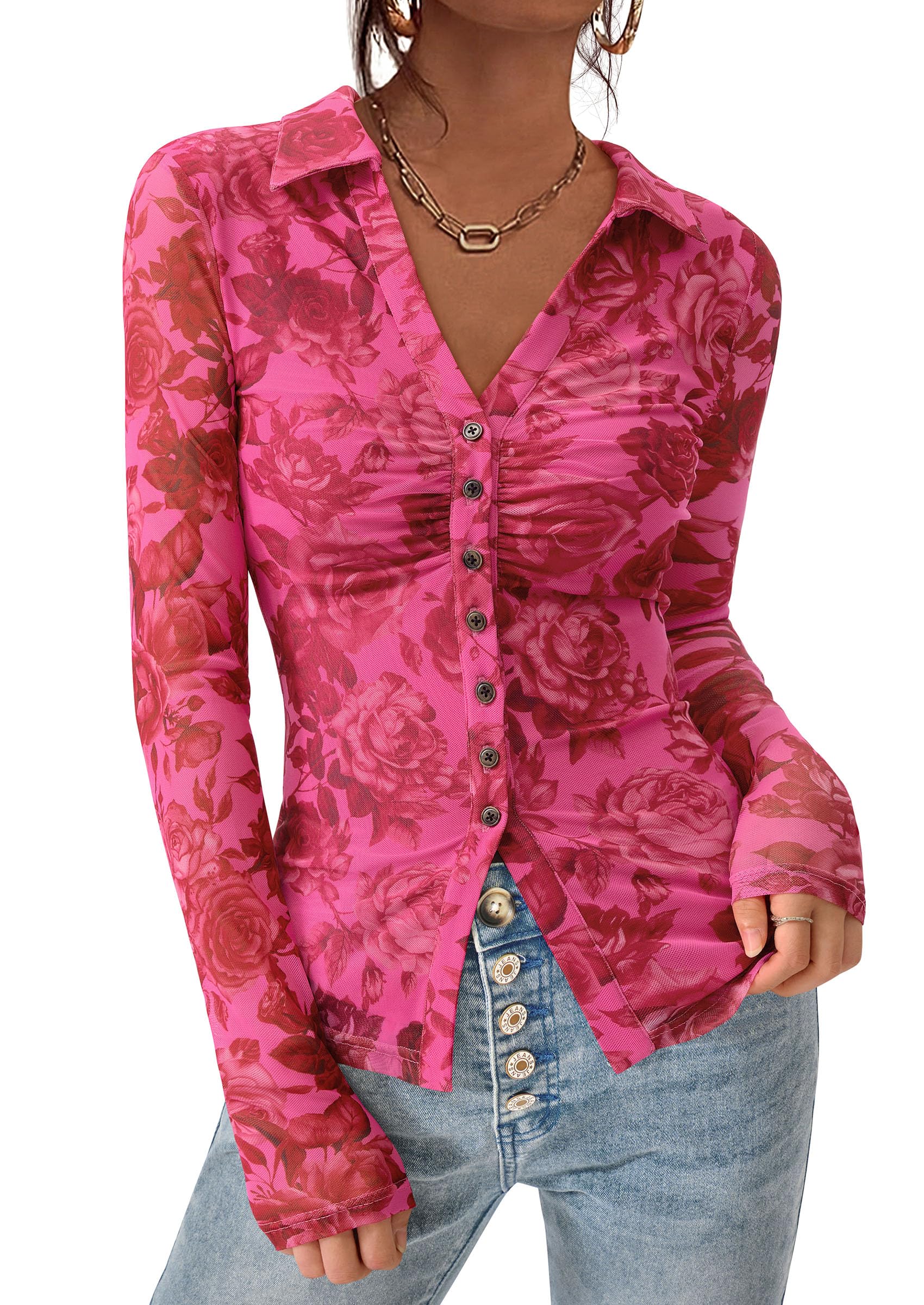 Women's Button Down Shirts Boho Mesh Floral Going Out Tops