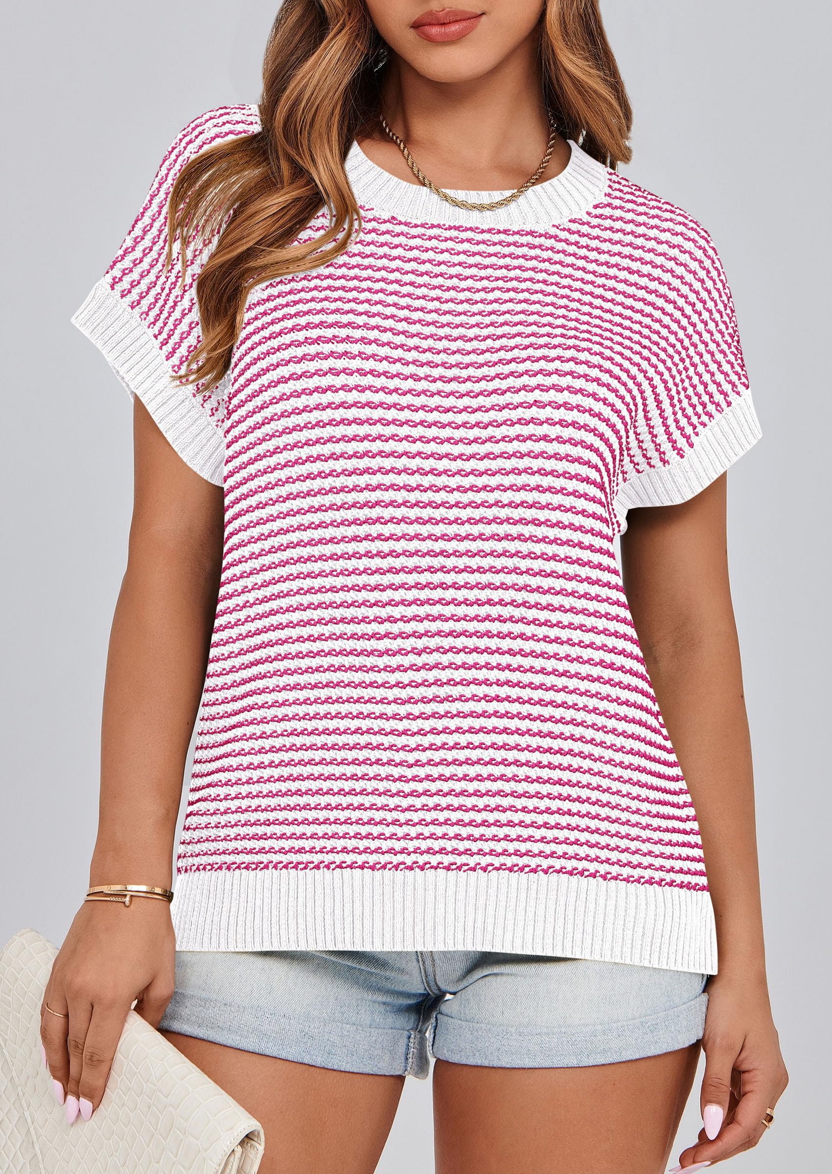 Women's Striped Short Sleeve Sweater Vest Rose Red,S
