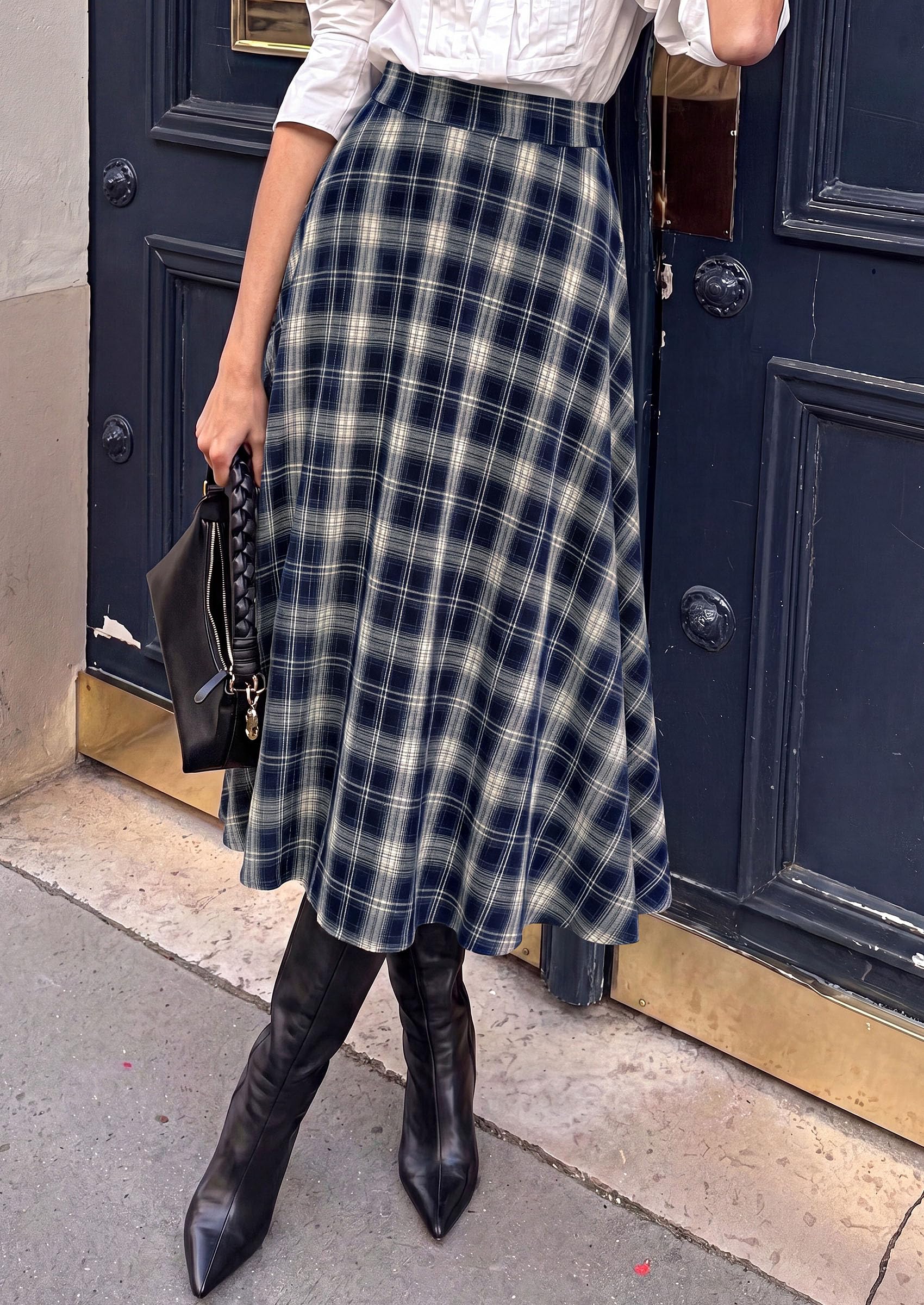 Women's Plaid High Waisted A-Line Midi Skirts,Navy Blue,S