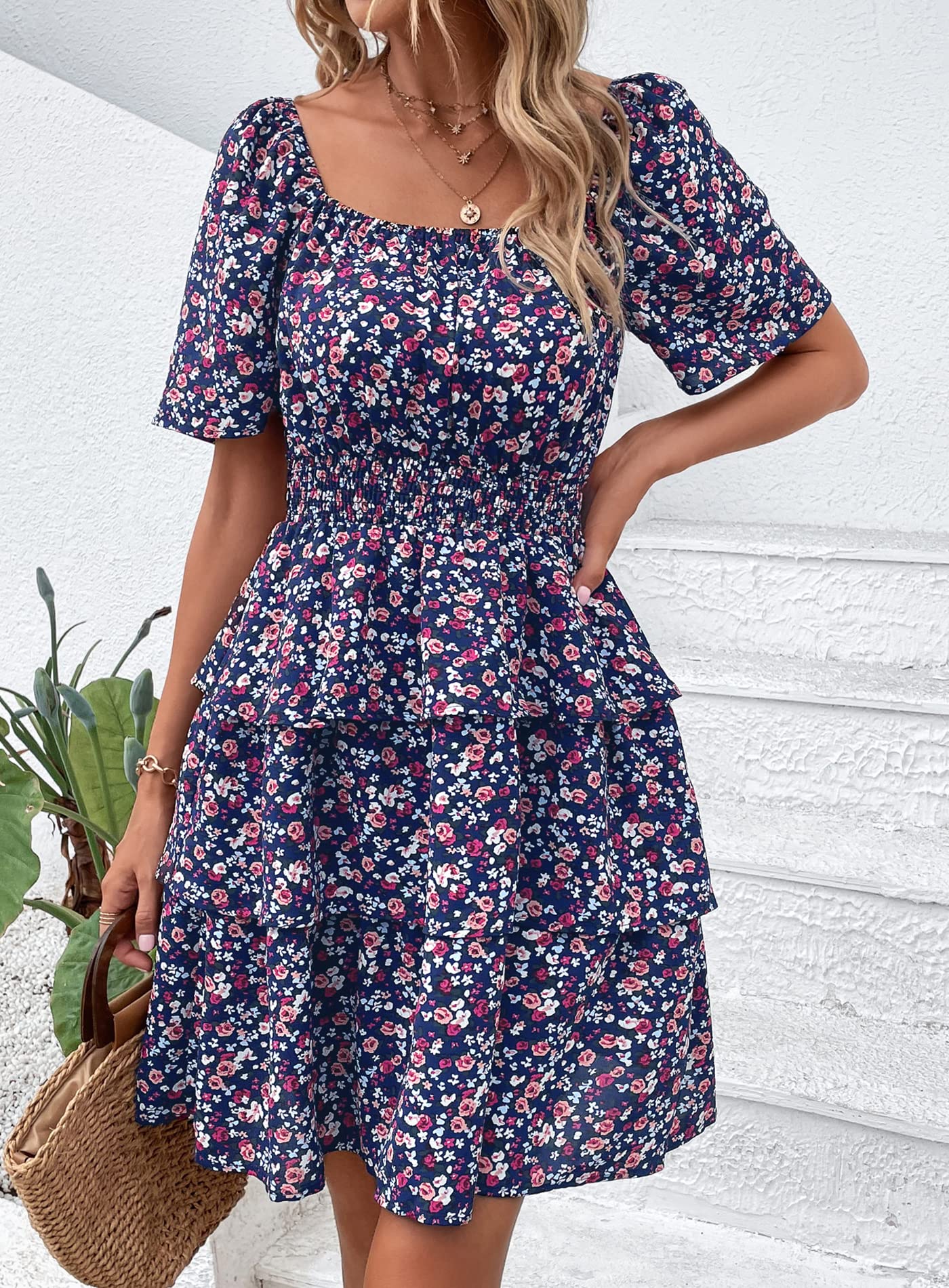 Women's Summer Floral Ruffle Short Dress Blue Purple Floral,S