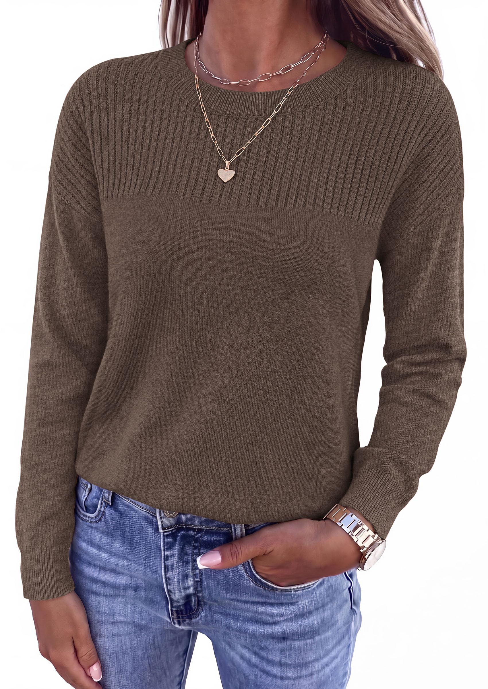 Sweaters for Women Fall Crewneck Knit Cropped Sweater Coffee