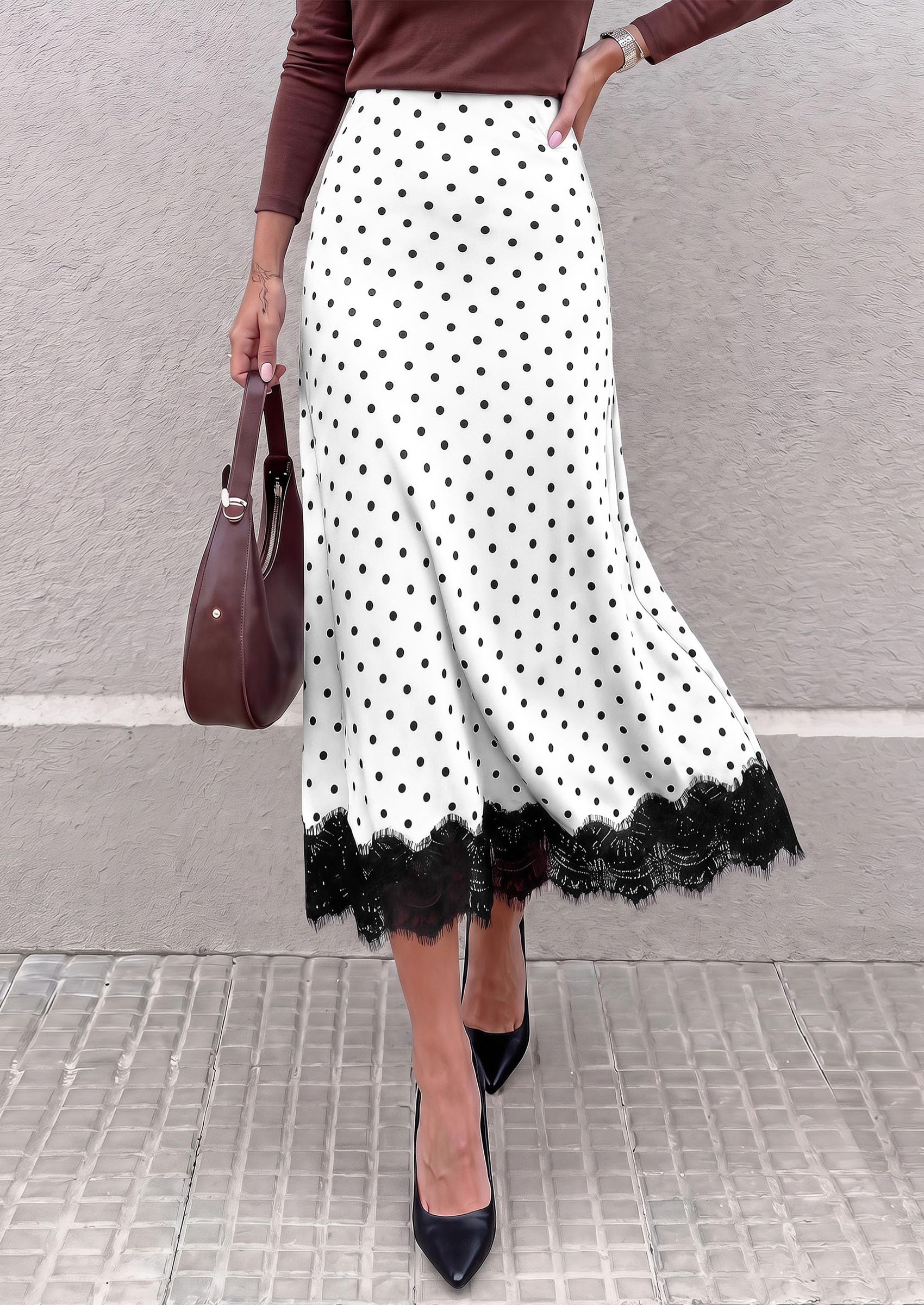 Women's Polka Dot Satin Skirt Fall Flowy Midi Leopard Skirts