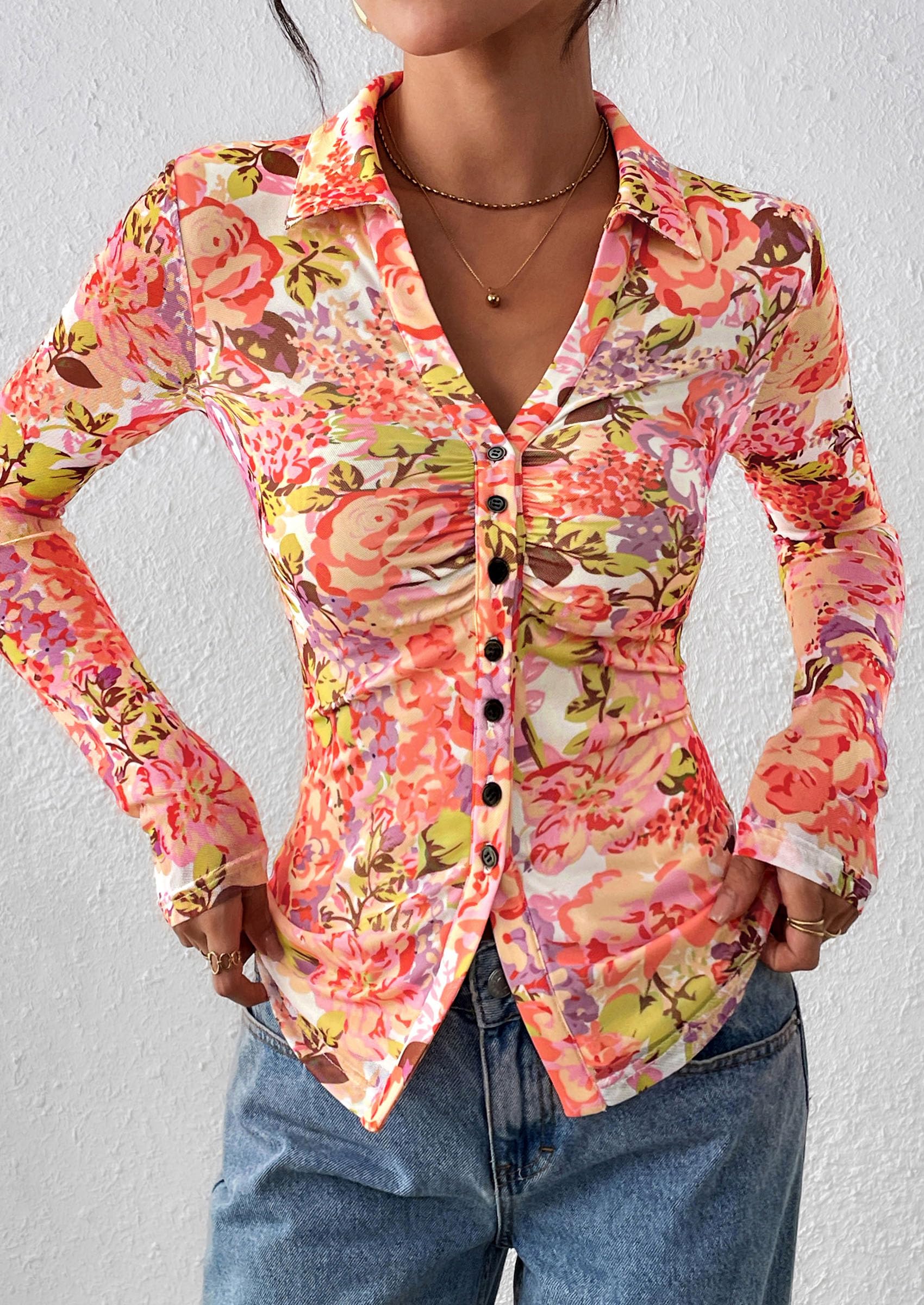 Women's Button Down Shirts Boho Mesh Floral Going Out Tops