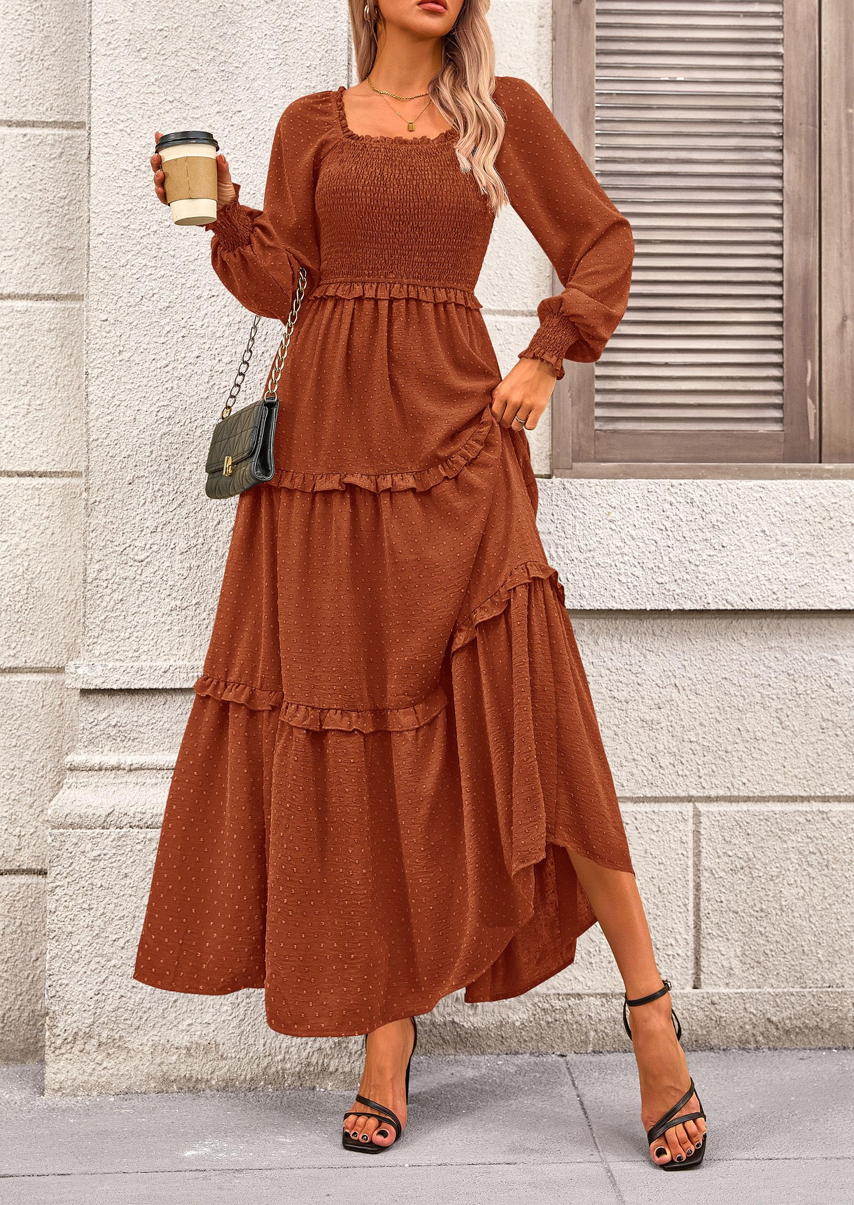 Women's Smocked Long Sleeve Maxi Dress Wedding Guest Dresses