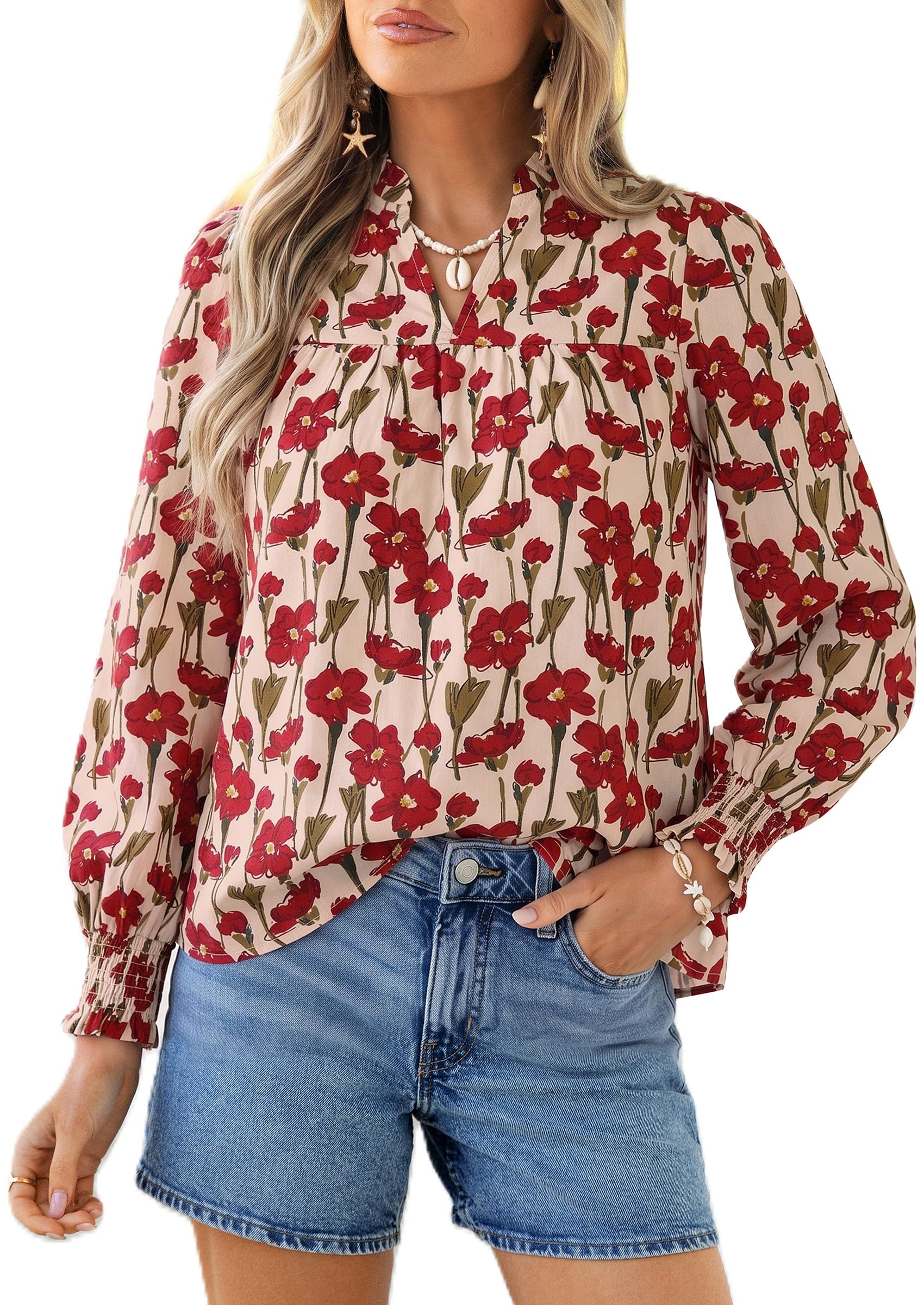 Women's Boho Floral Blouses Dressy Casual Apricot Red,S