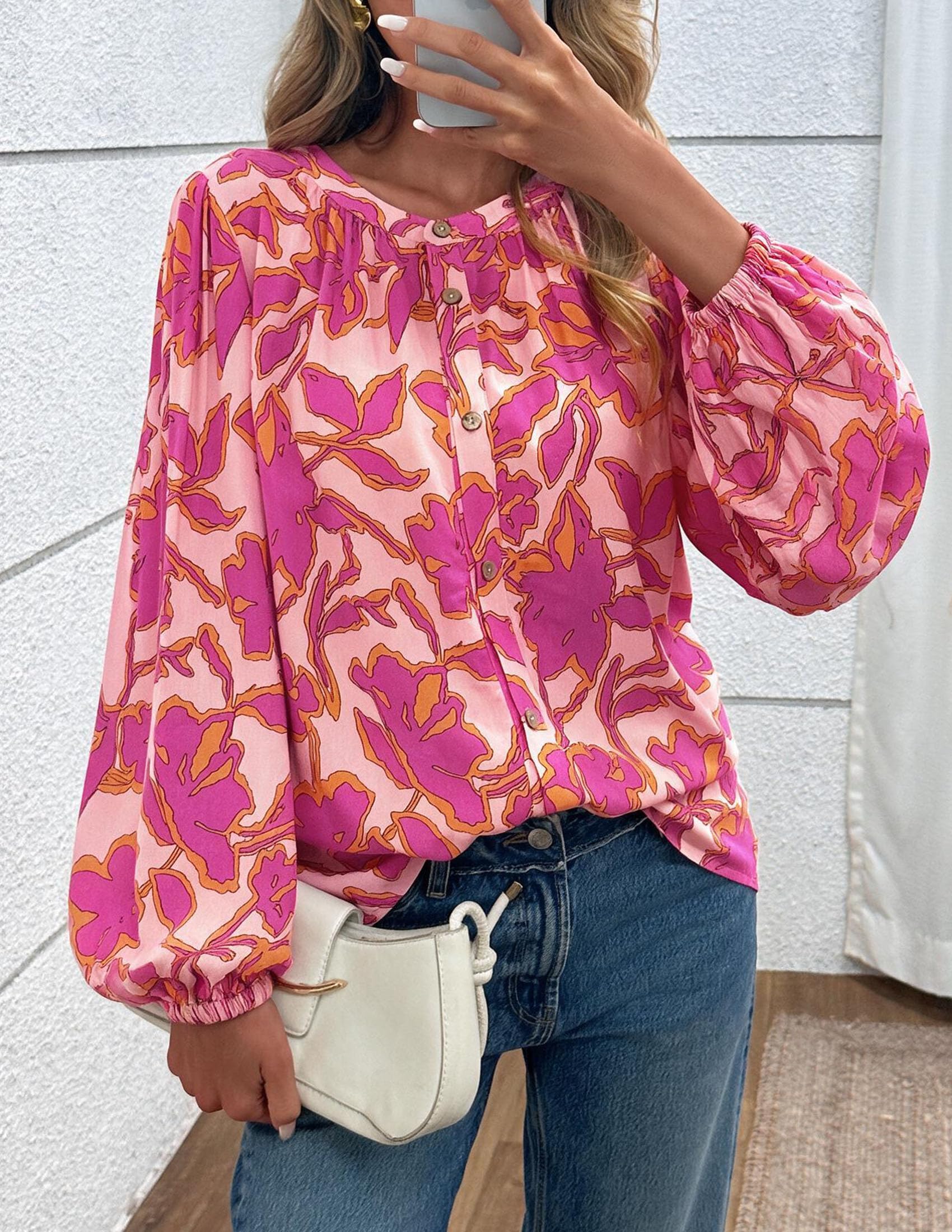 Women's Boho Tops Fall Long Sleeve Button Down Floral Blouses