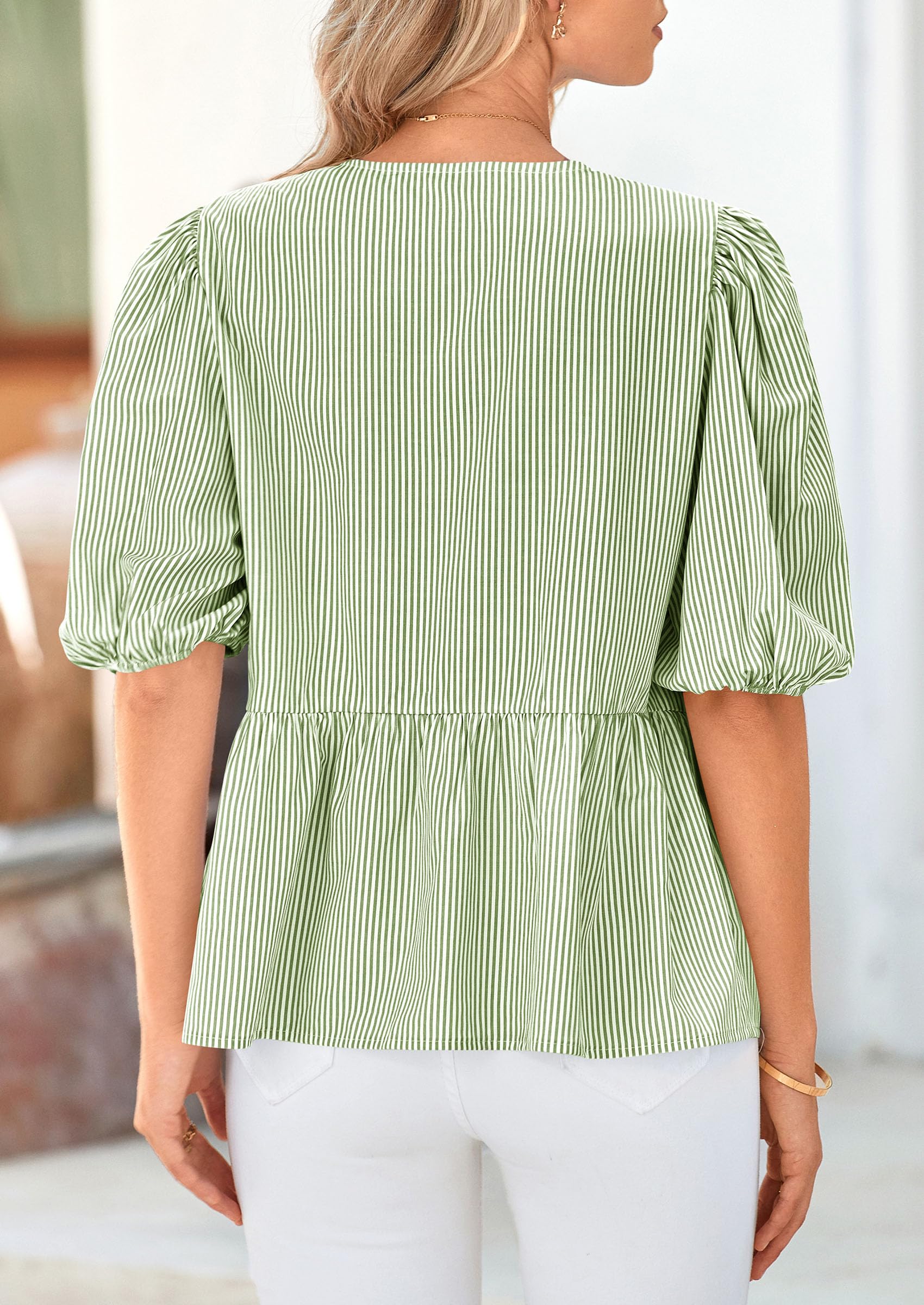 Women Striped Tie Front Babydoll Peplum Tops, Army Green,S