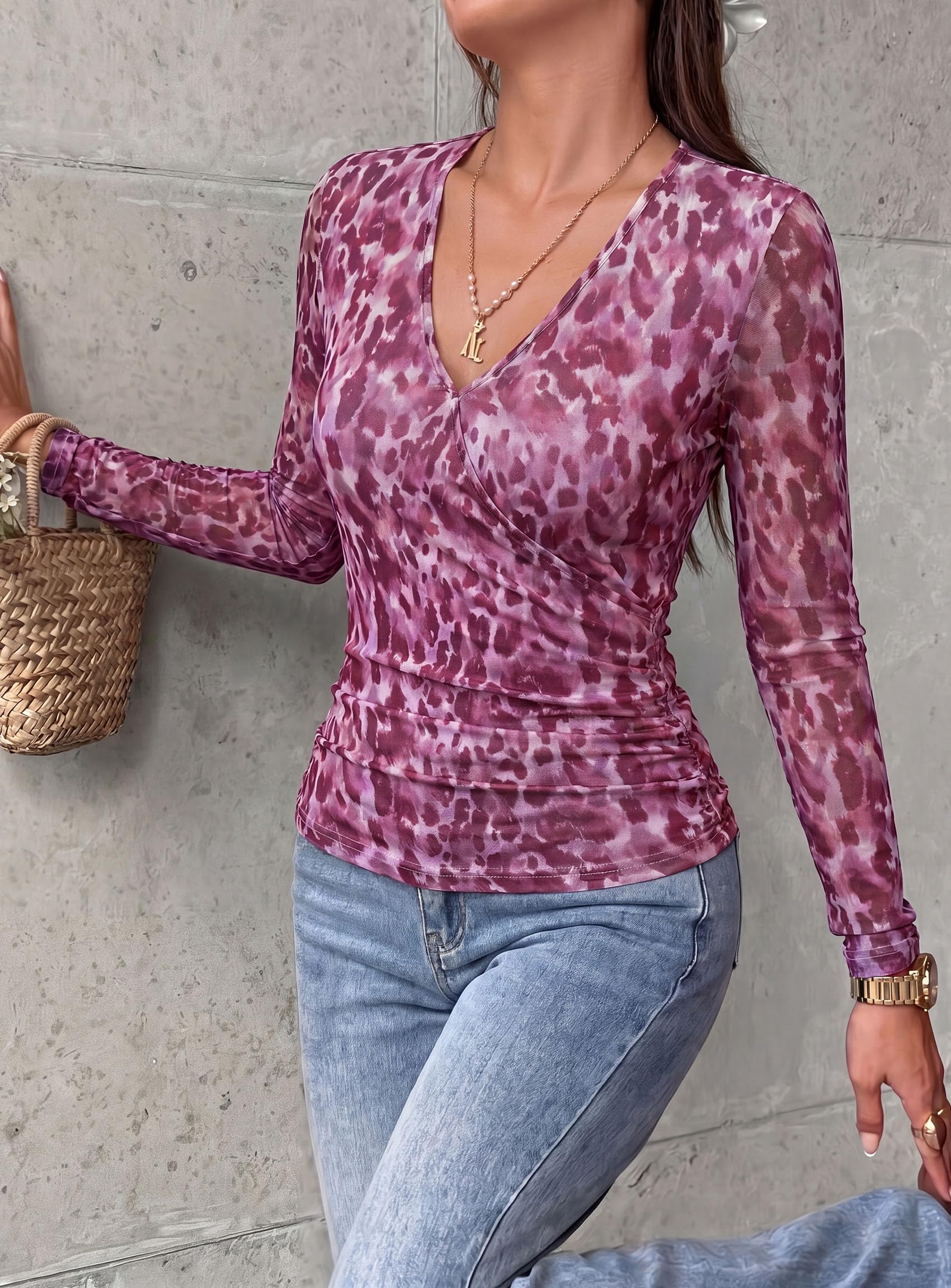 Womens Mesh Wrap Dressy Top Floral V Neck Long Sleeve Shirts