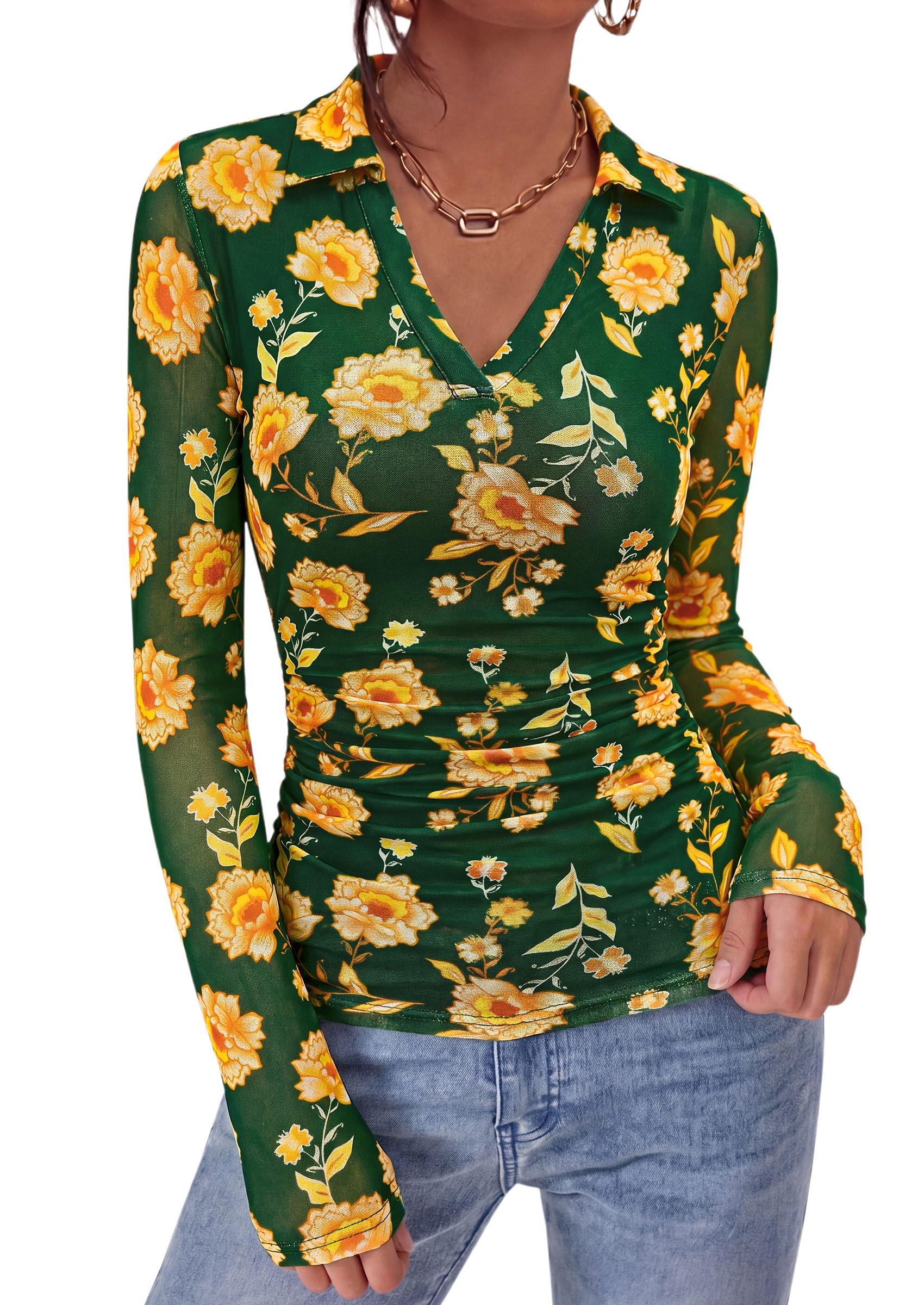 Women's Long Sleeve Boho Floral Mesh Tops Fall V Neck Blouses
