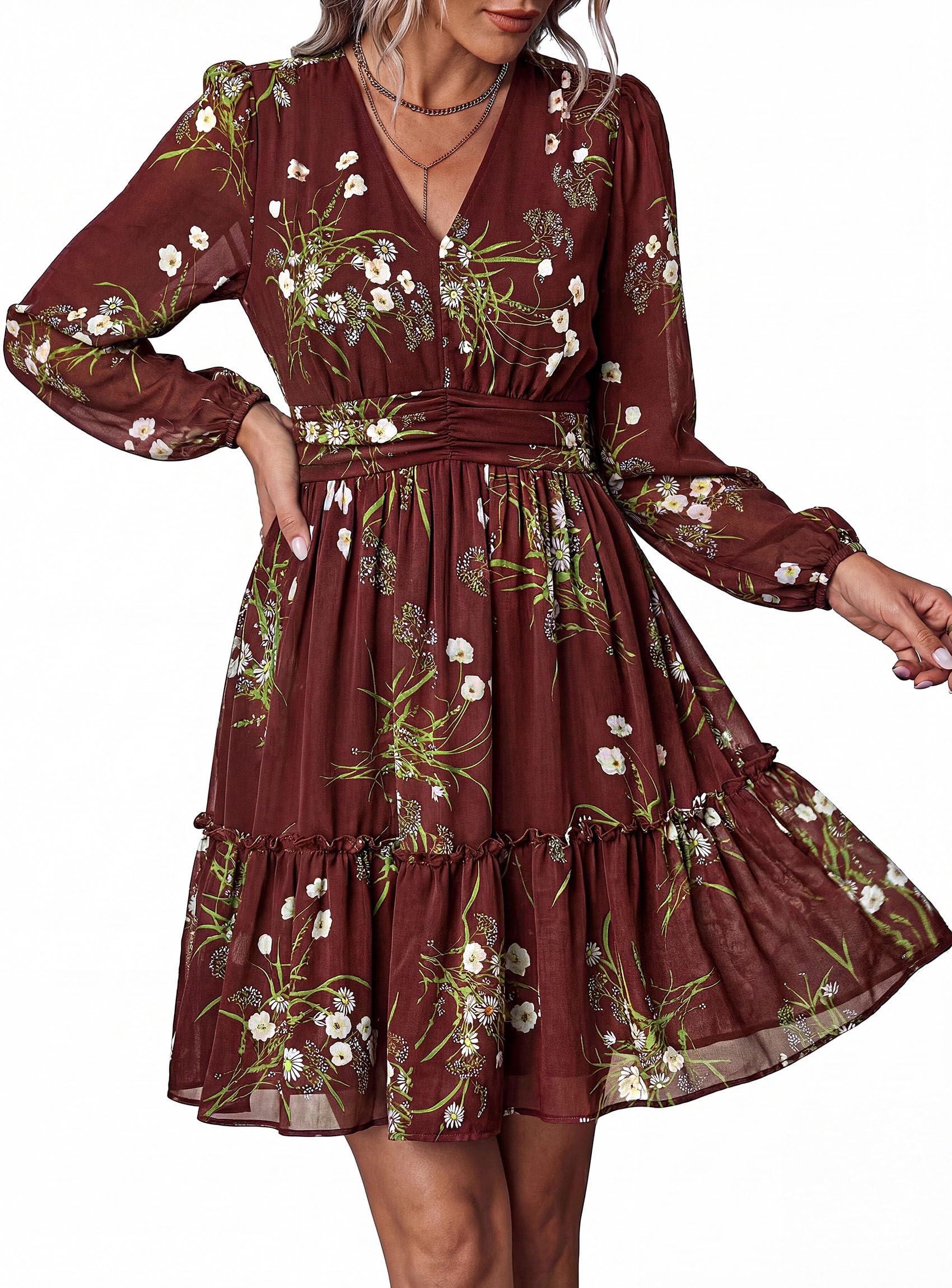Women Floral Long Sleeve Mini Dress Fall Wedding Guest Dresses