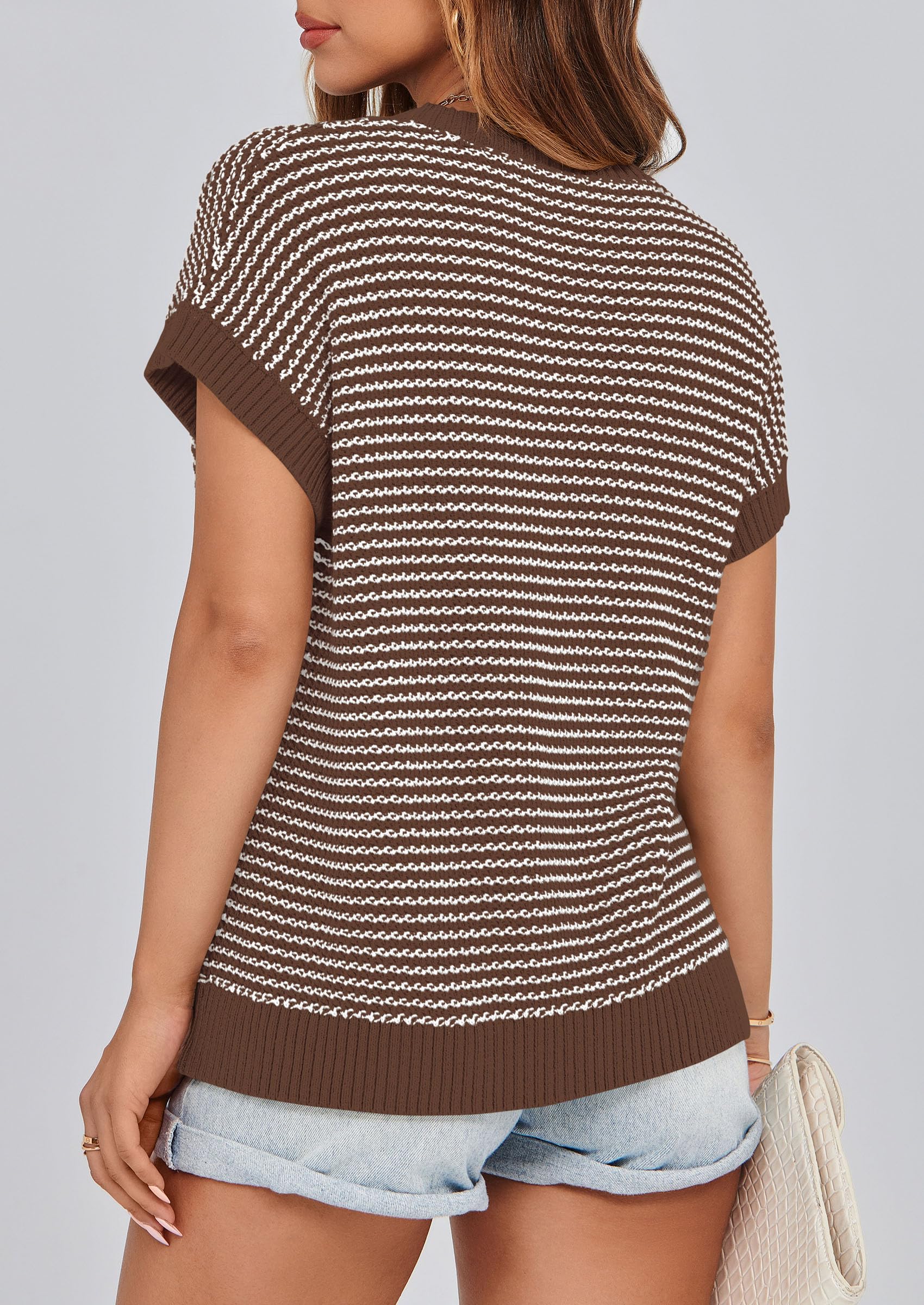 Women's Striped Short Sleeve Sweater Vest Dark Brown,S