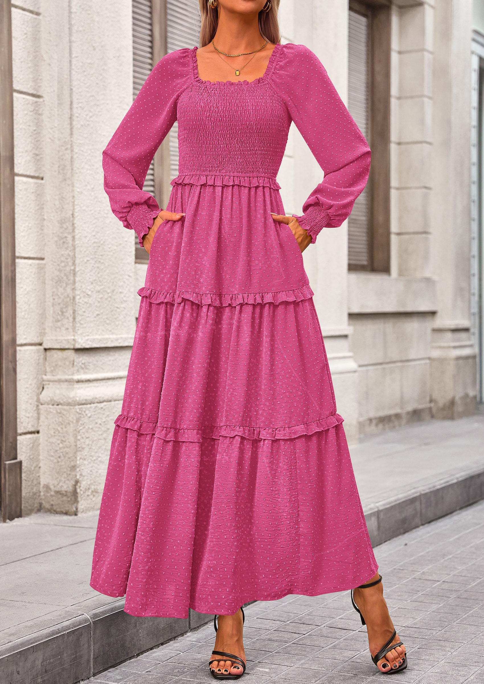 Women's Smocked Long Sleeve Maxi Dress Wedding Guest Dresses