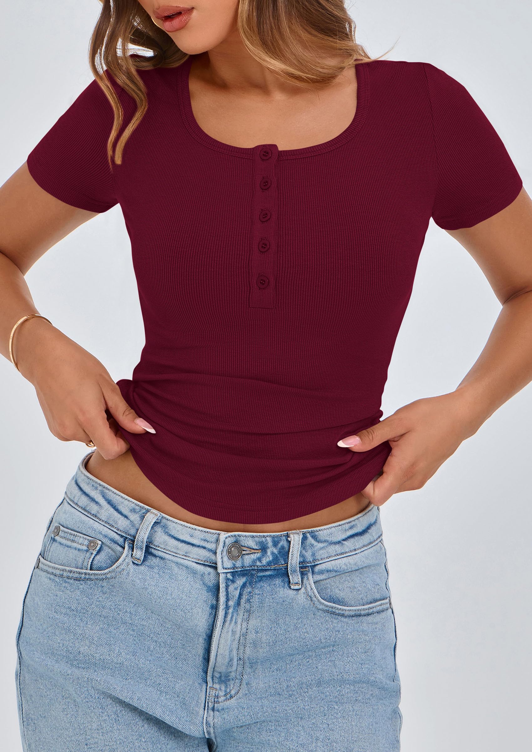 Women's Summer Tops Henley Tee Shirts (Wine Red,X-Small)