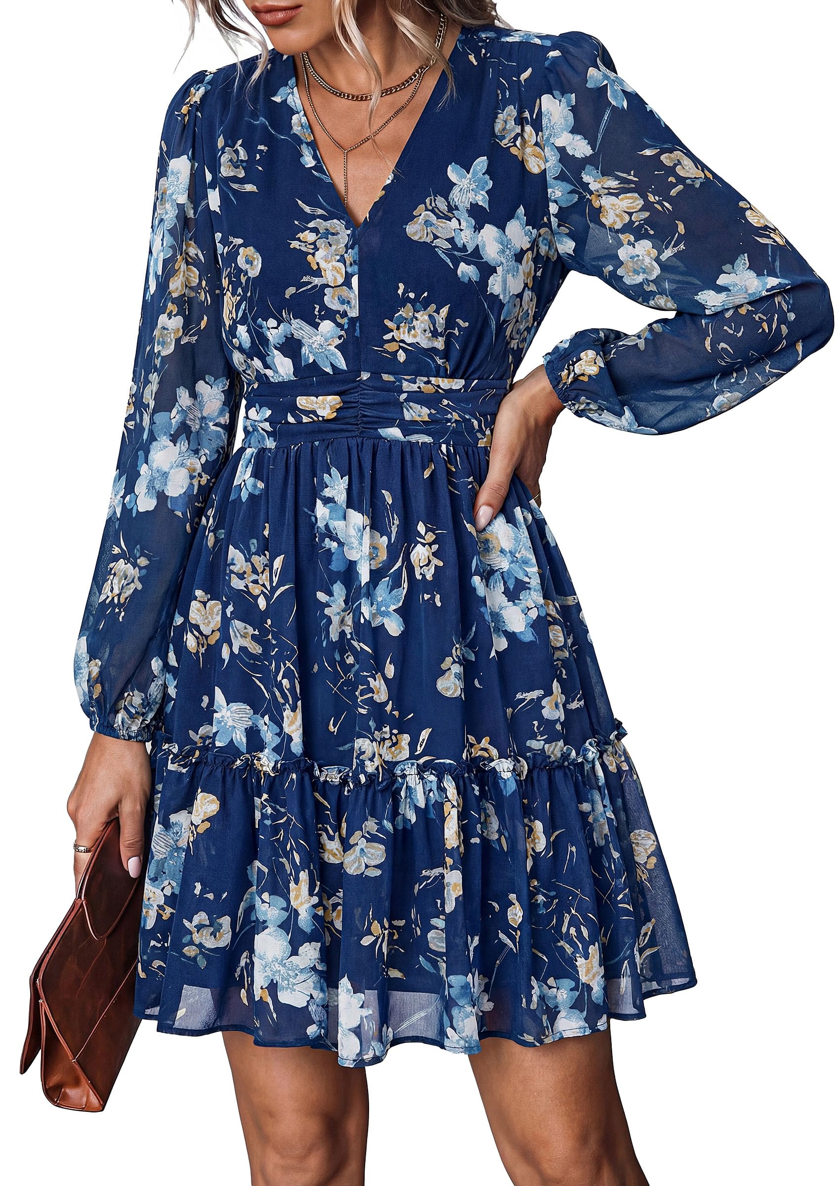 Women Floral Long Sleeve Mini Dress Fall Wedding Guest Dresses