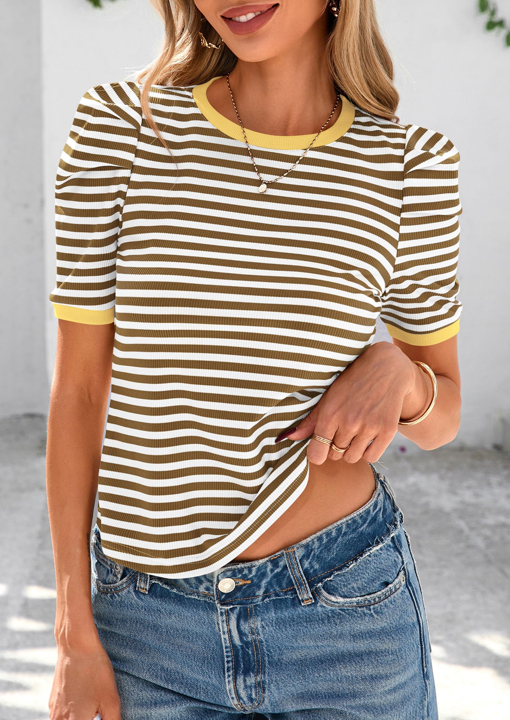 Ribbed Puff Short Sleeve Tops for Women Striped Shirt Khaki,XS