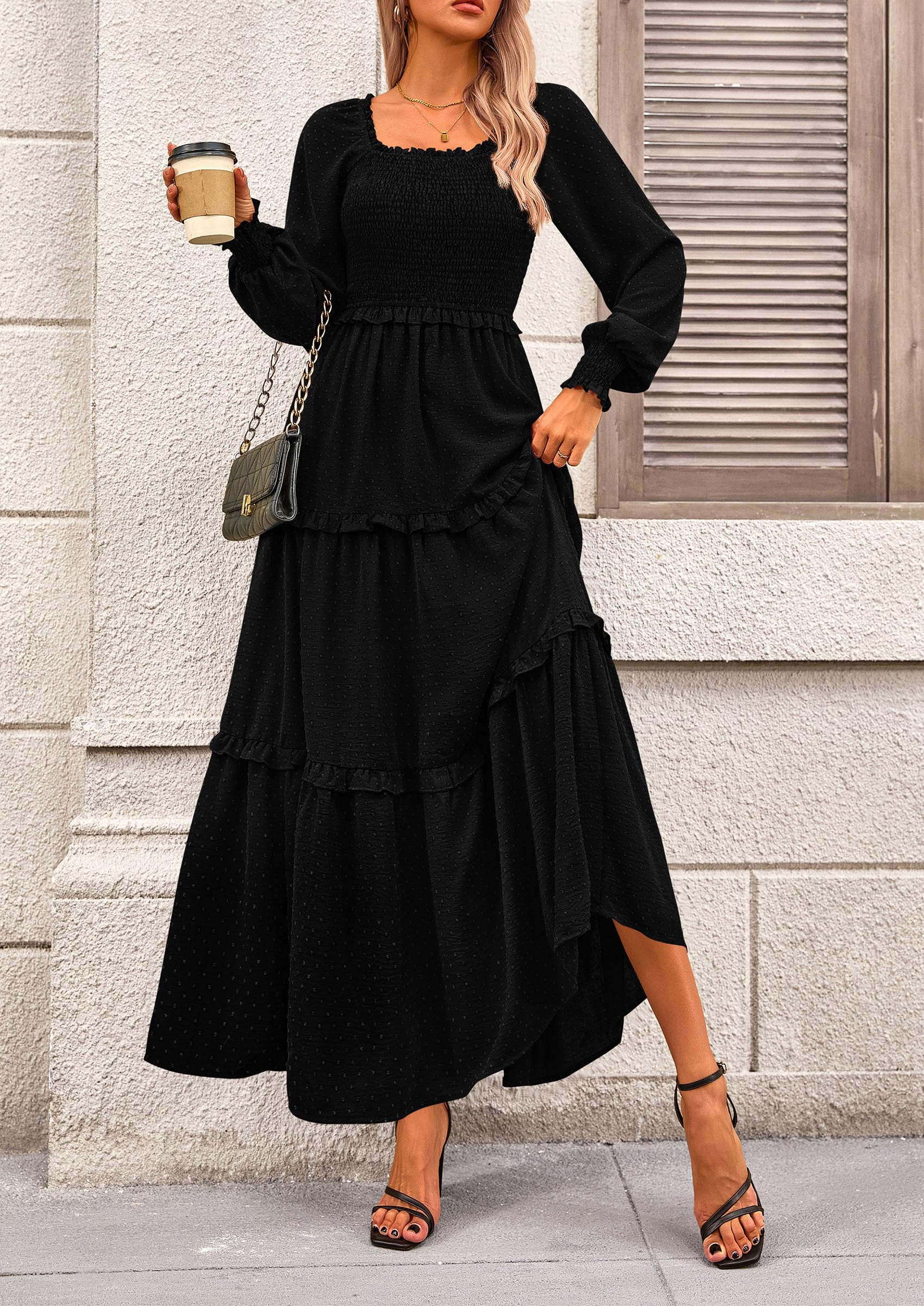 Women's Smocked Long Sleeve Maxi Dress Wedding Guest Dresses