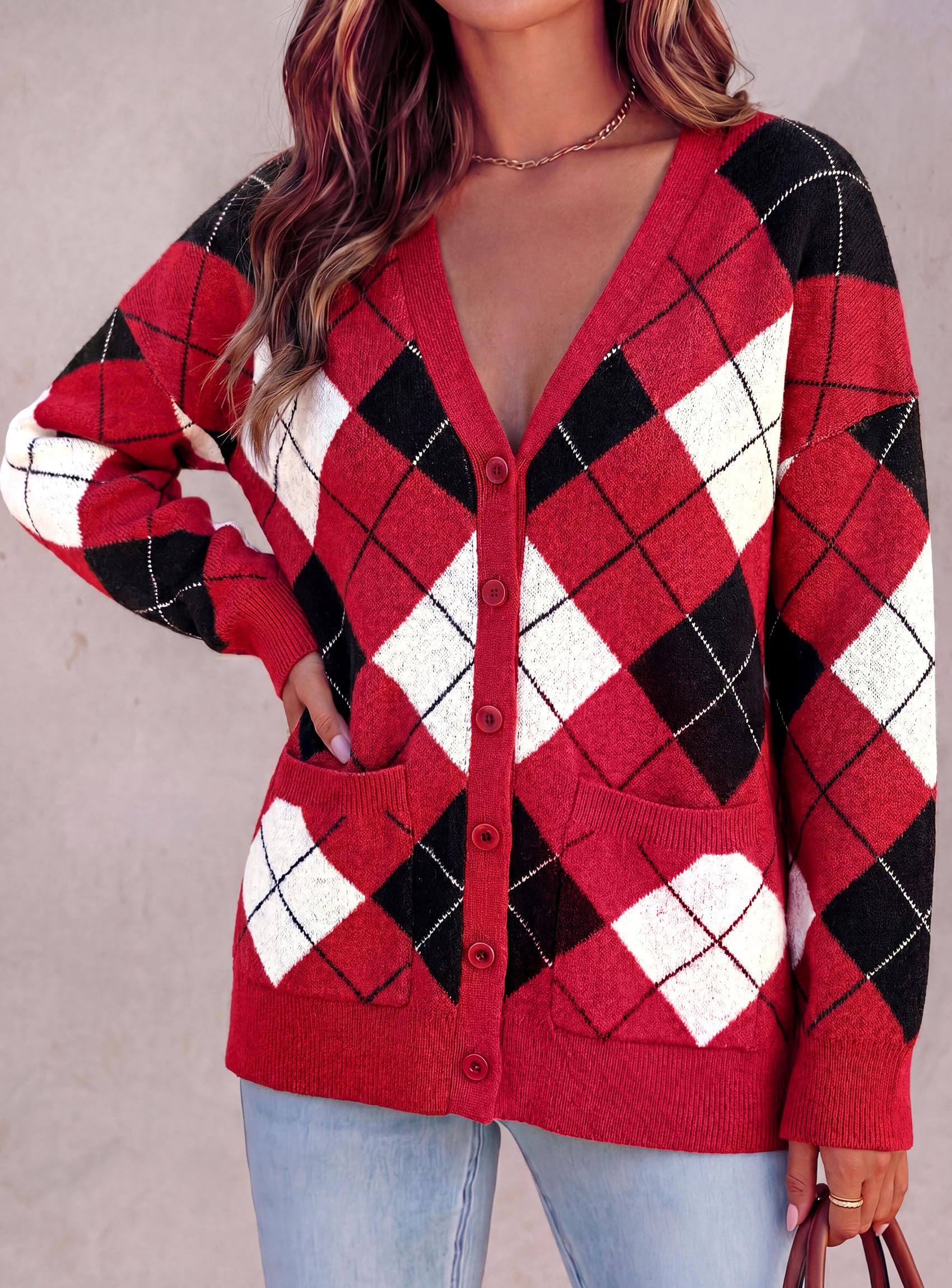 Women's Cardigan Argyle Winter Sweaters (Plaid Red,S)