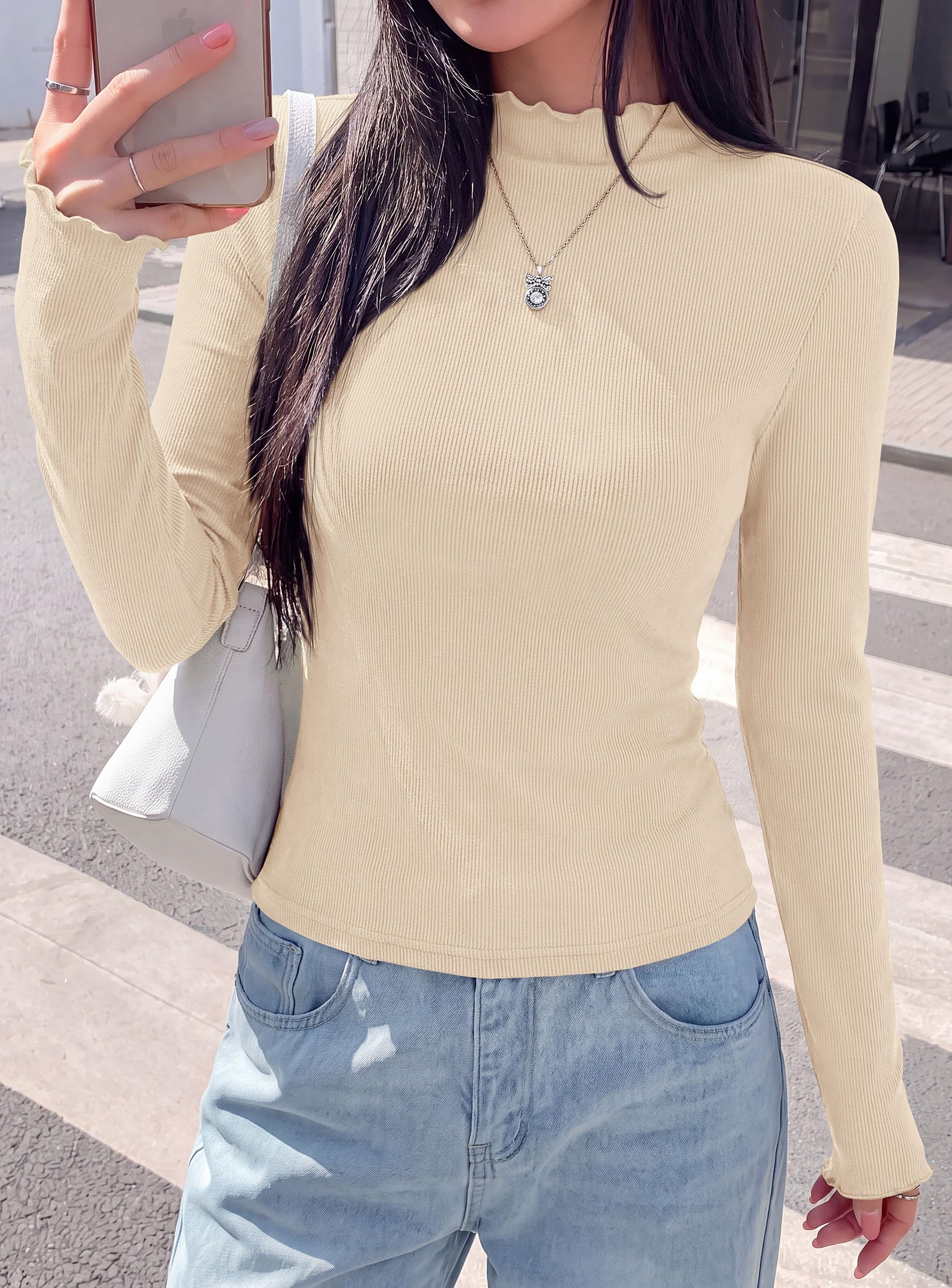 Women's Long Sleeve T Shirts Lettuce Trim Mock Neck Tops Beige