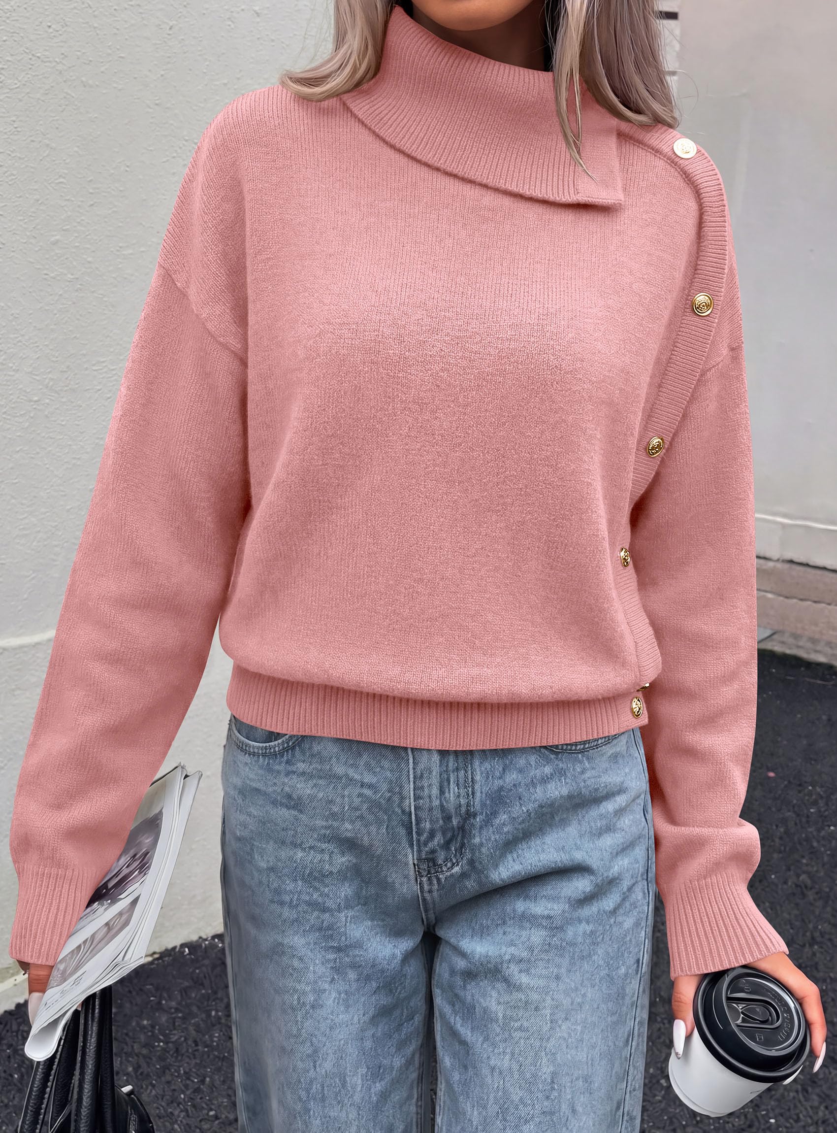 Womens Turtleneck Sweater Pullover Side Button Fall Clothes