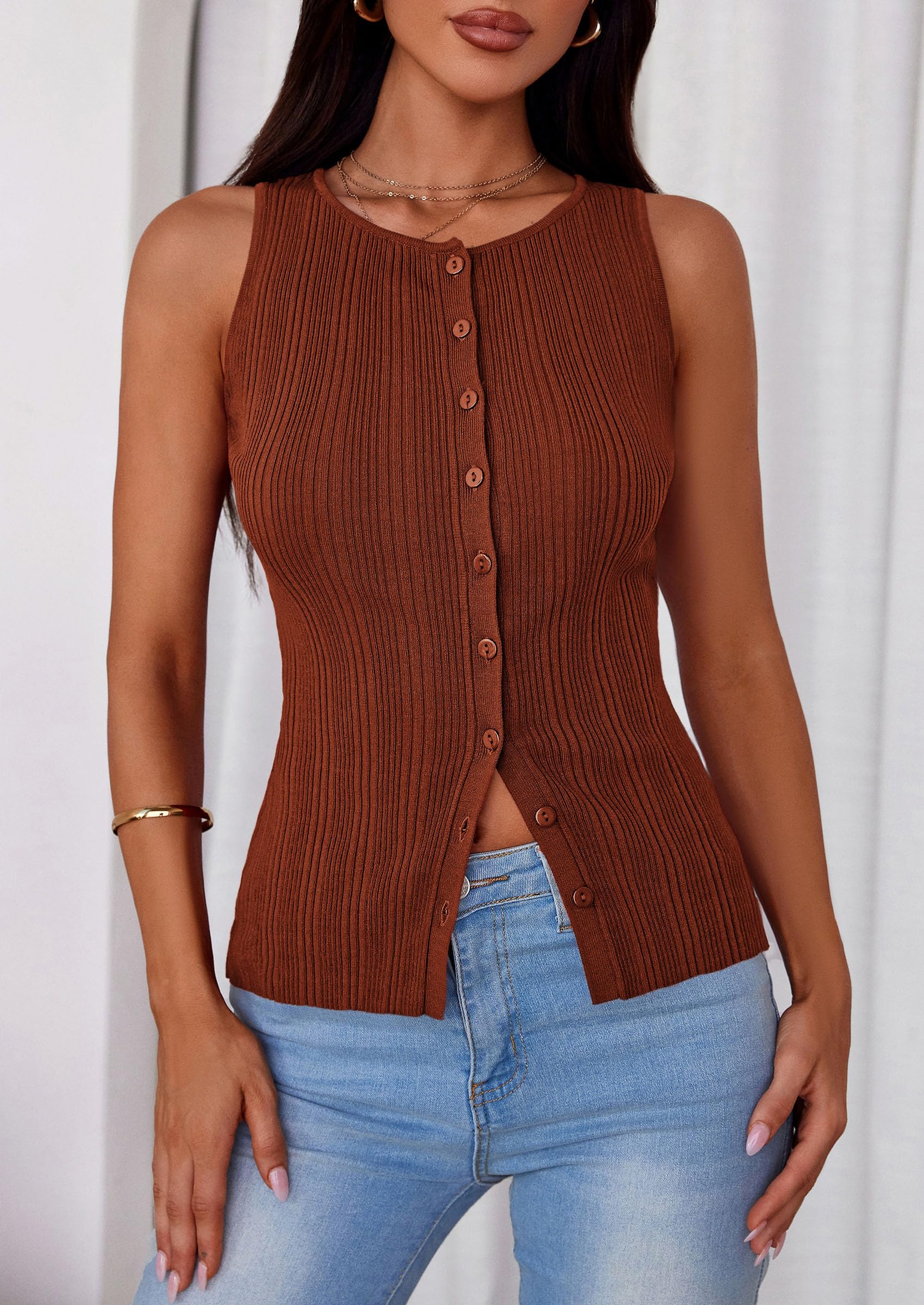 Sleeveless Button Down Shirts for Women Summer 2026 Going Out Ribbed Knit Tank Tops Y2K Clothes Trendy Vest Tops Caramel