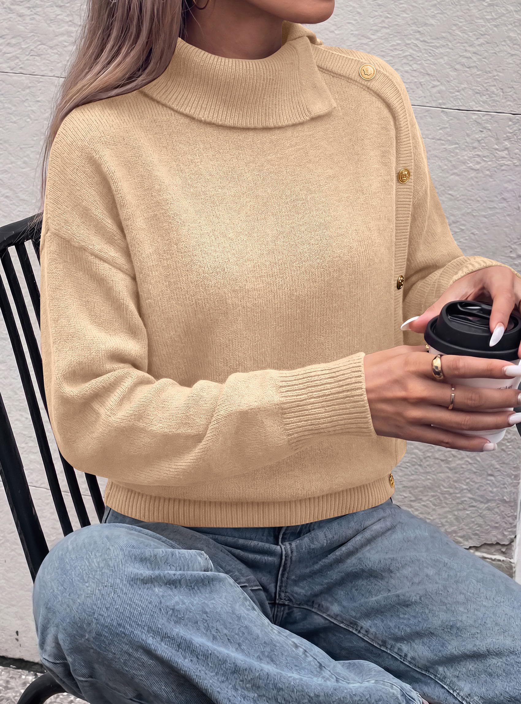 Womens Turtleneck Sweater Pullover Side Button Fall Clothes