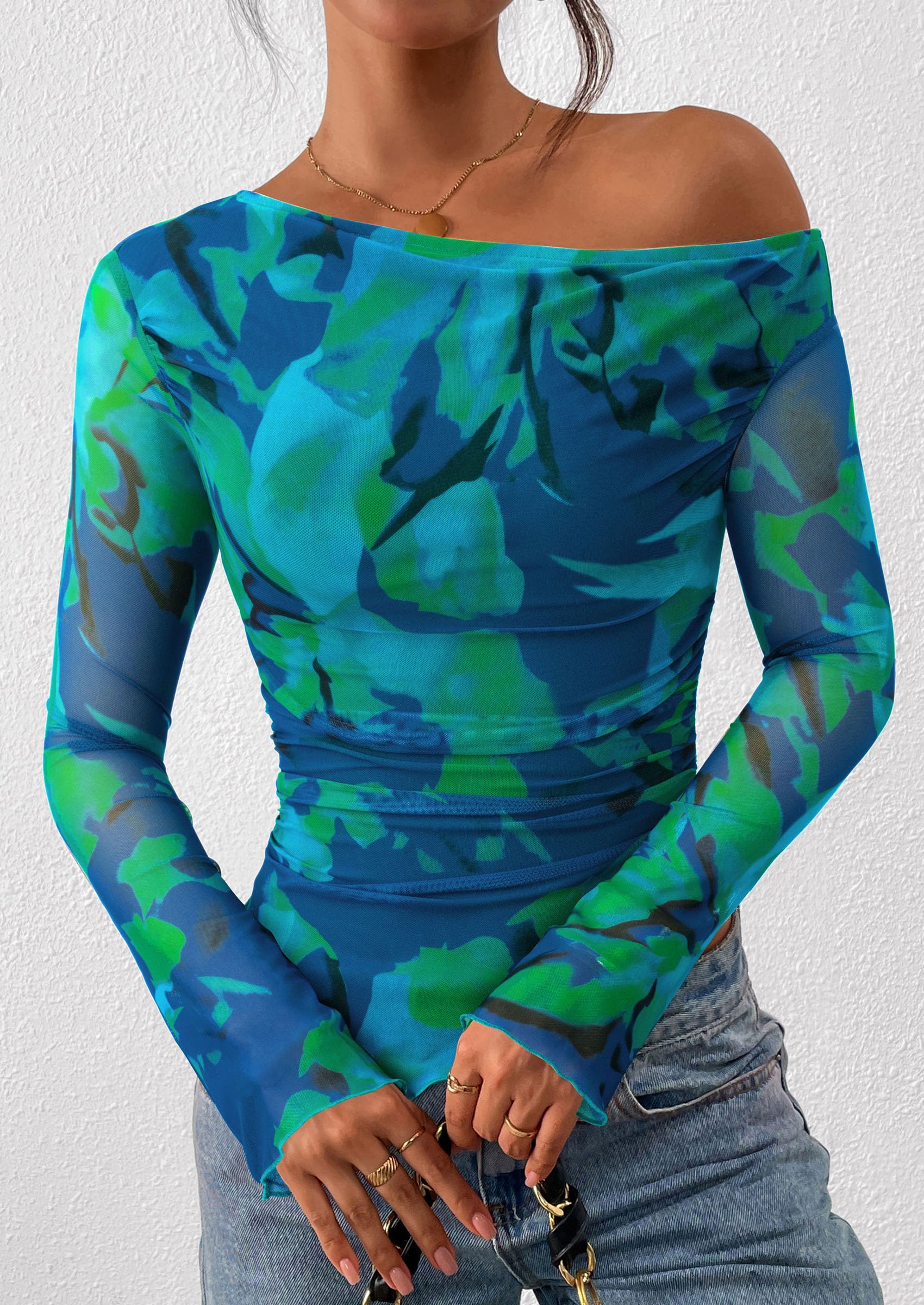 Womens Off Shoulder Mesh Y2k Tops,Floral Green,XS